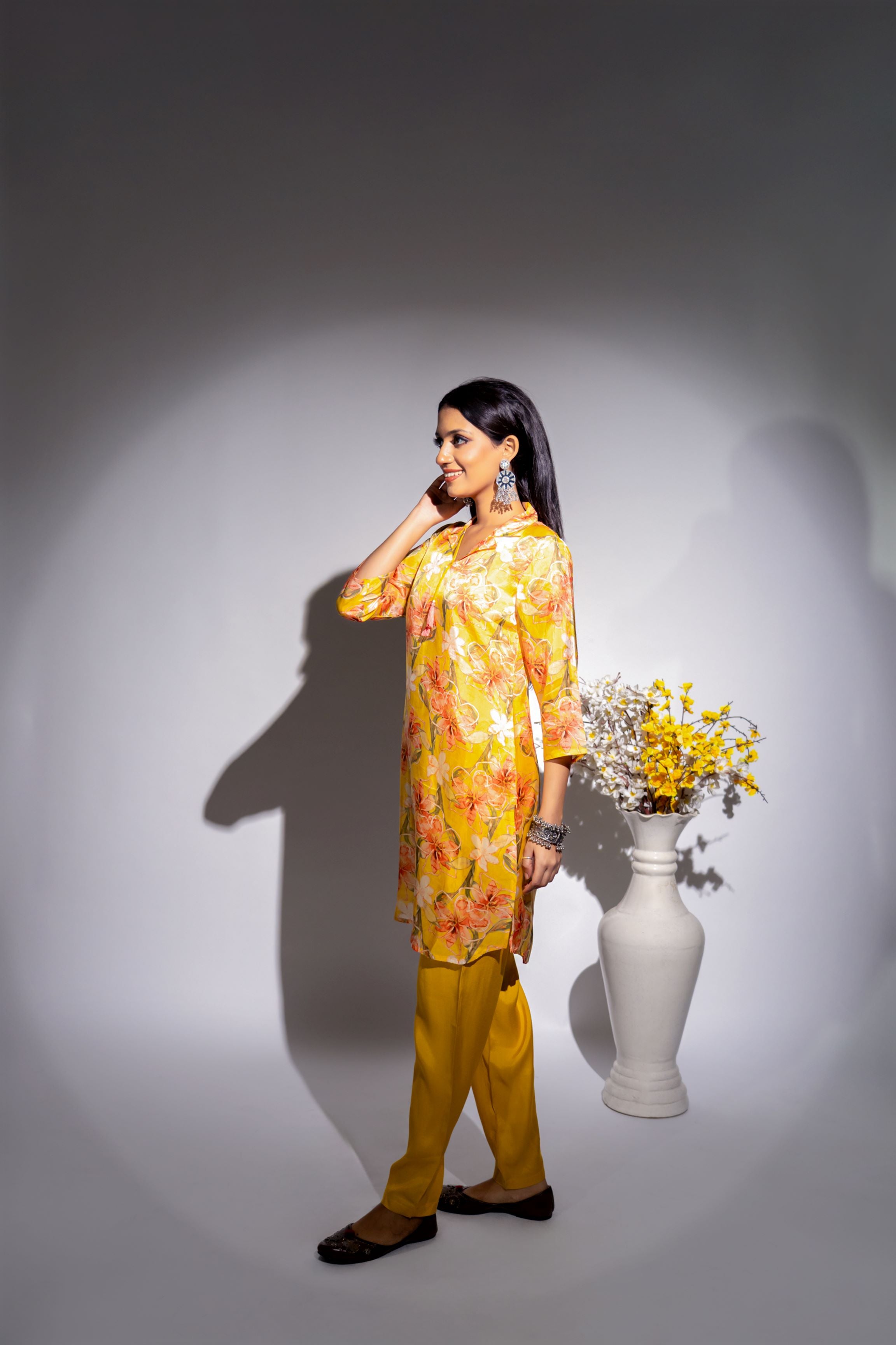 Bright Yellow Floral Printed Italian Paper Silk Co-Ord Set