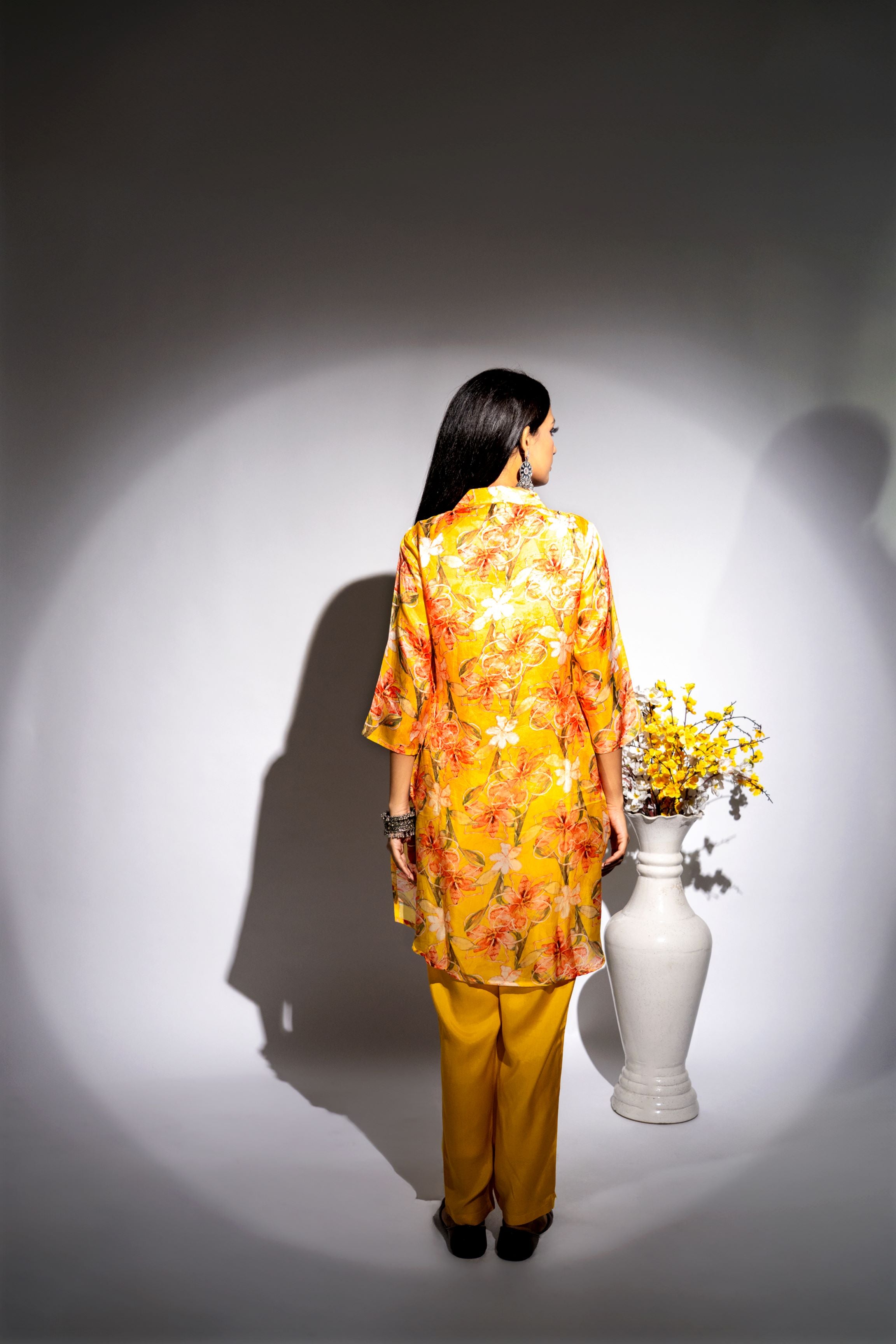 Bright Yellow Floral Printed Italian Paper Silk Co-Ord Set