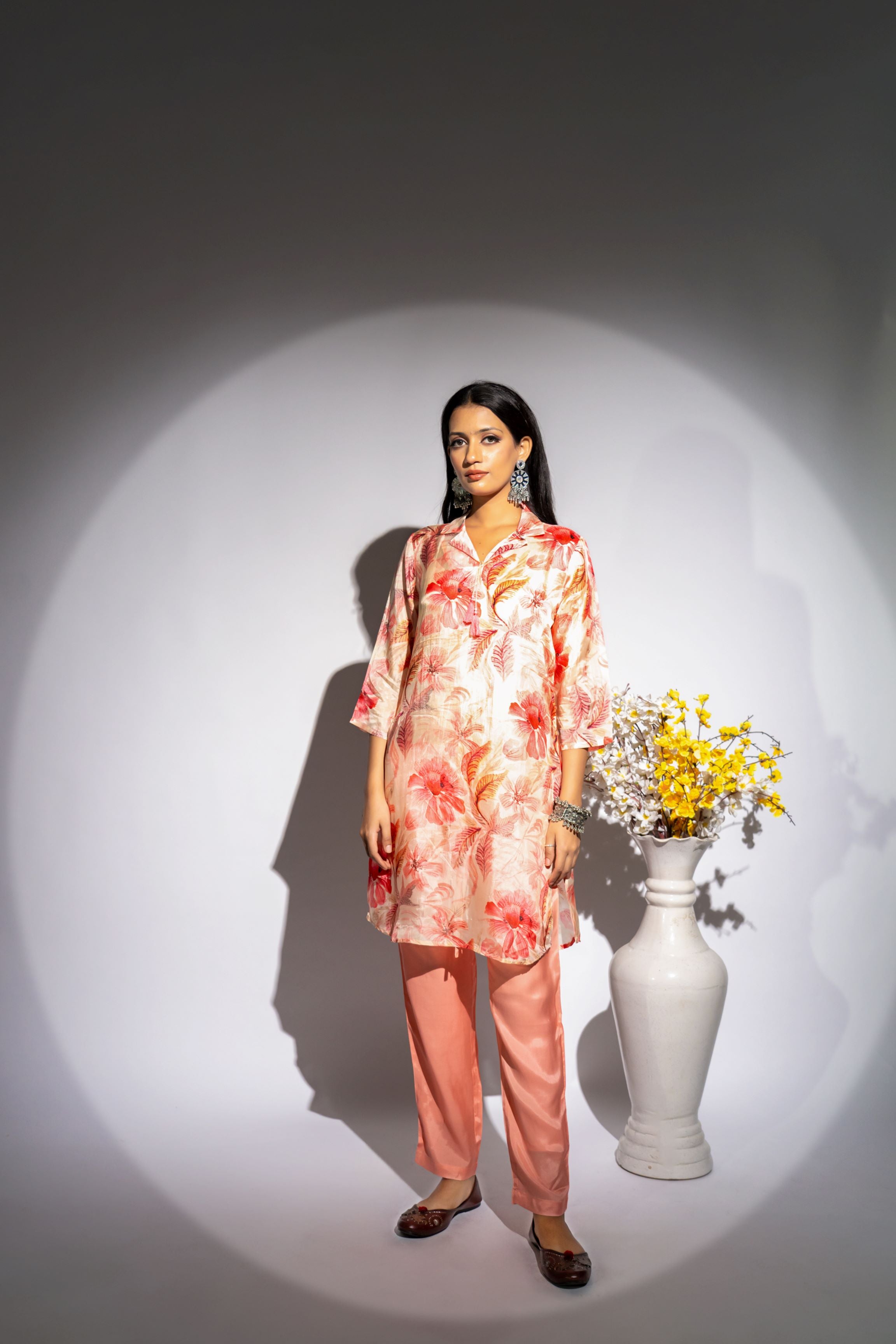 Peach Floral Printed Italian Paper Silk Co-Ord Set