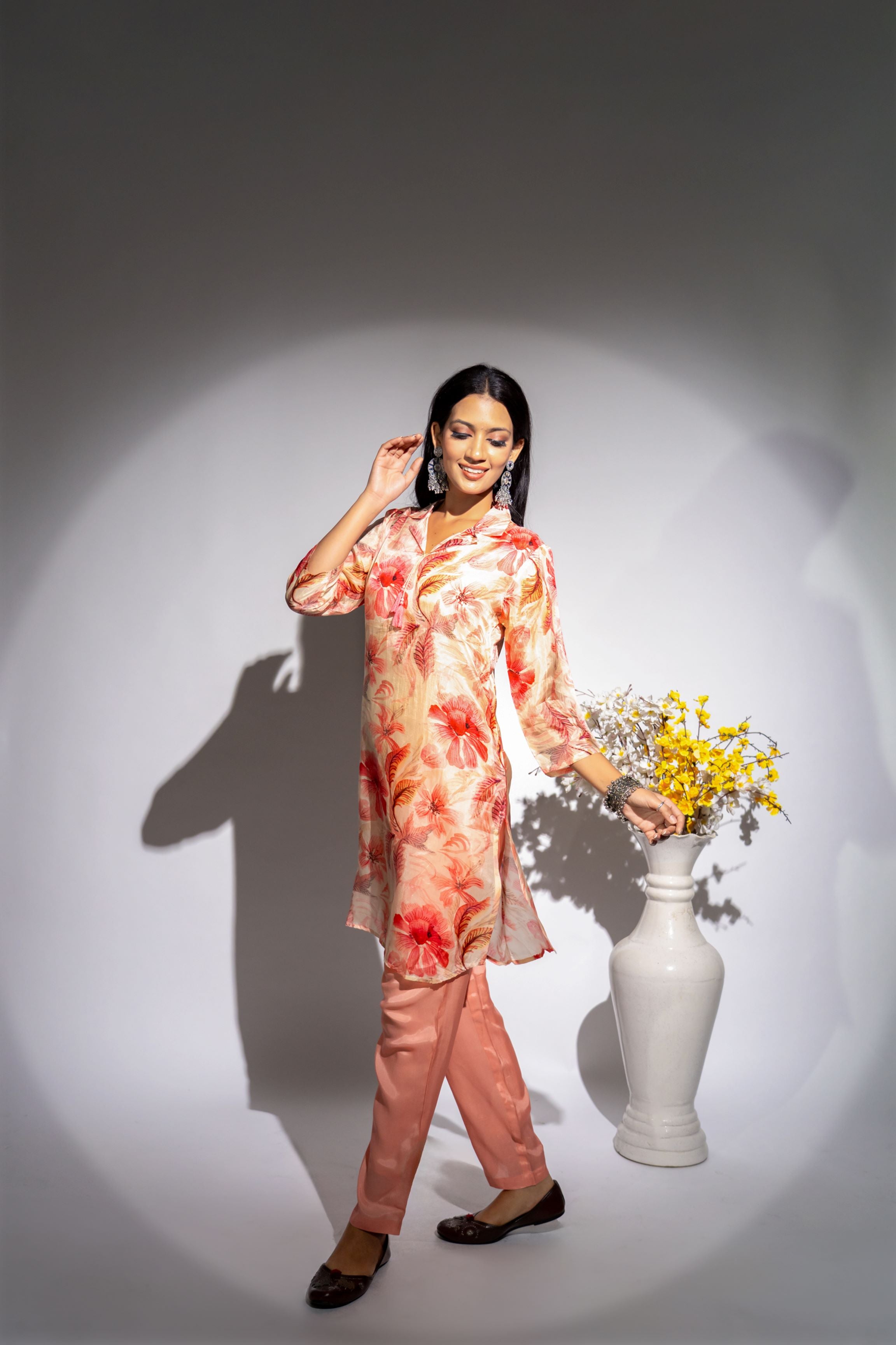 Peach Floral Printed Italian Paper Silk Co-Ord Set