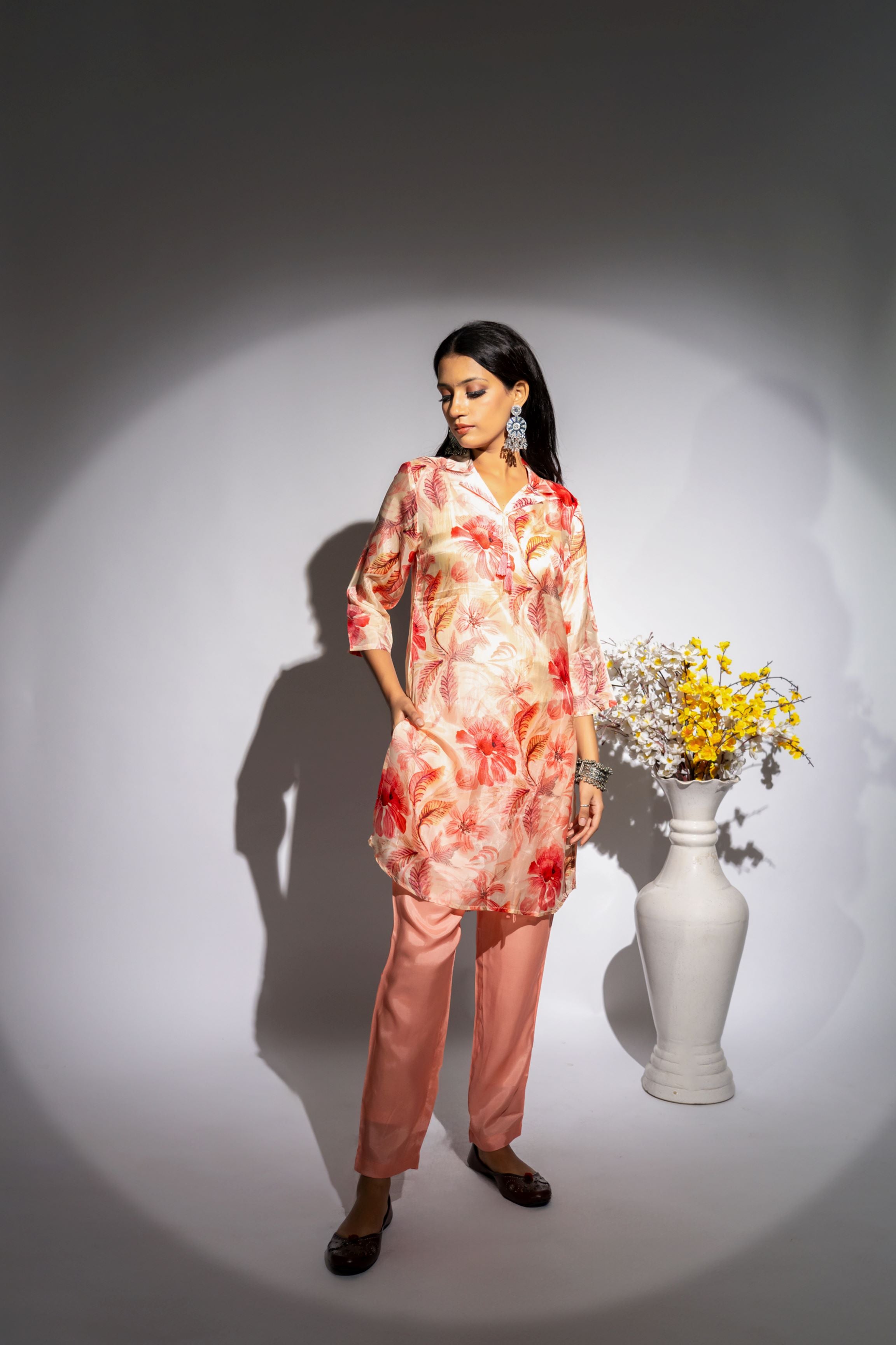 Peach Floral Printed Italian Paper Silk Co-Ord Set