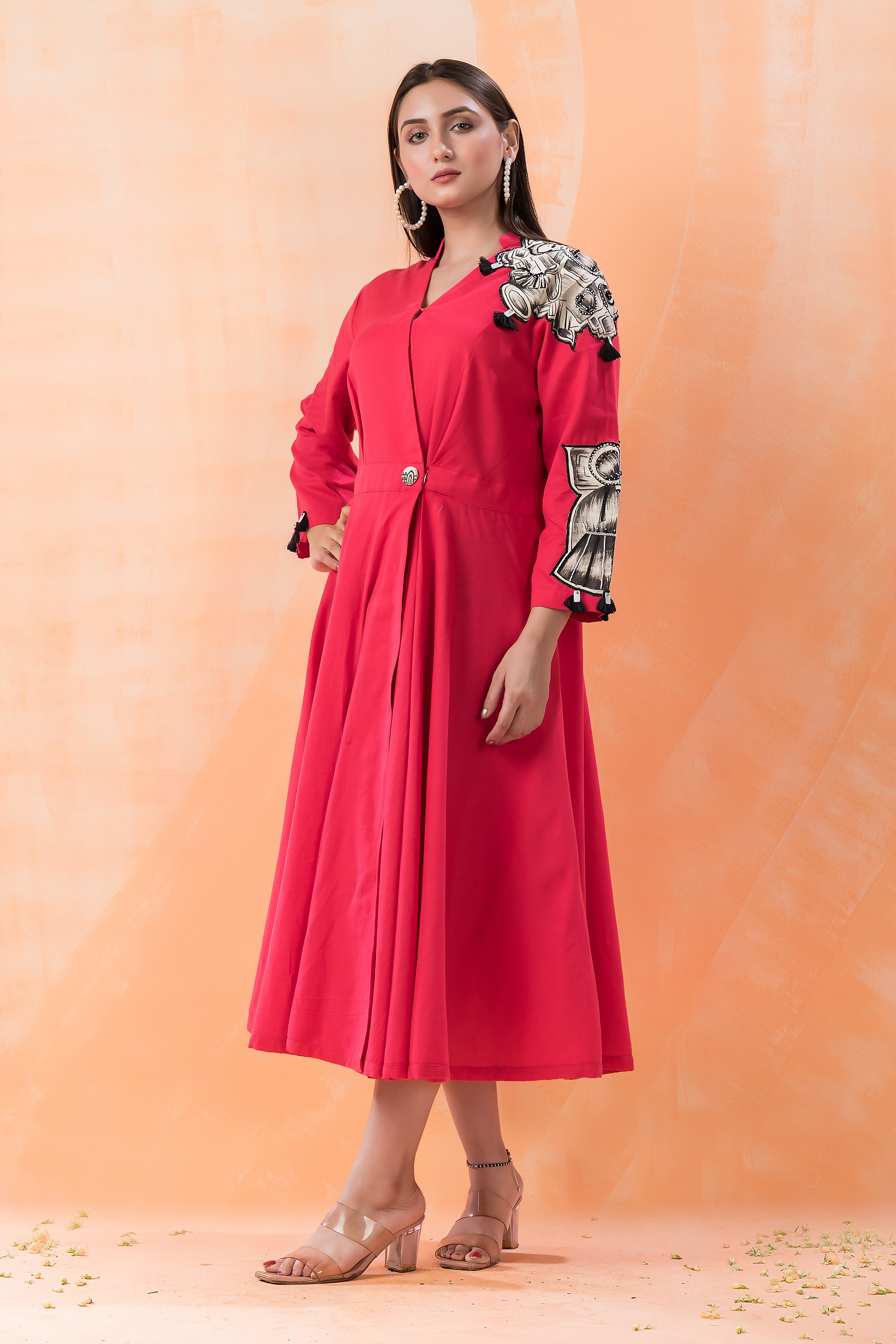 Red Patchwork Embellished Cotton Dress