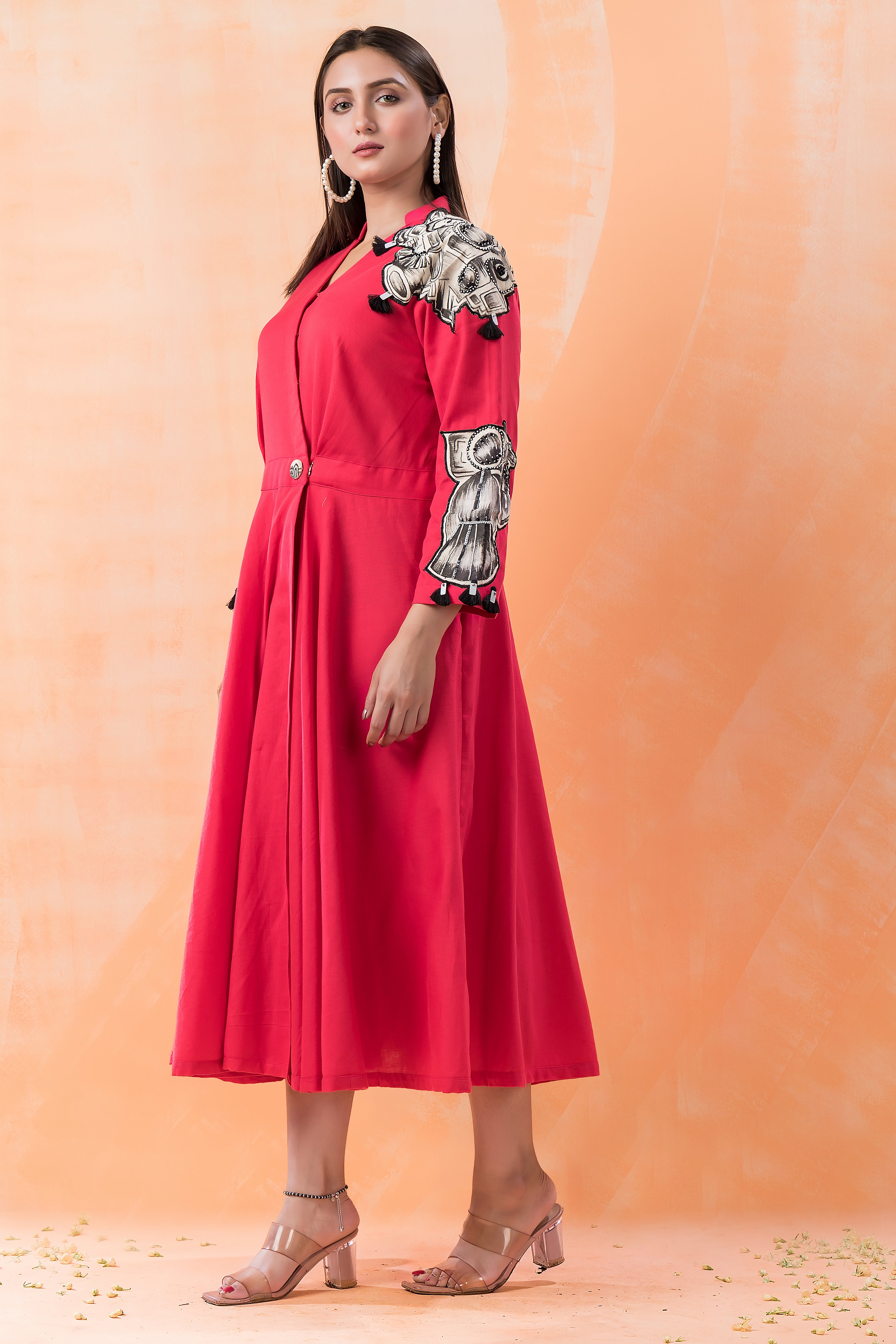 Red Patchwork Embellished Cotton Dress