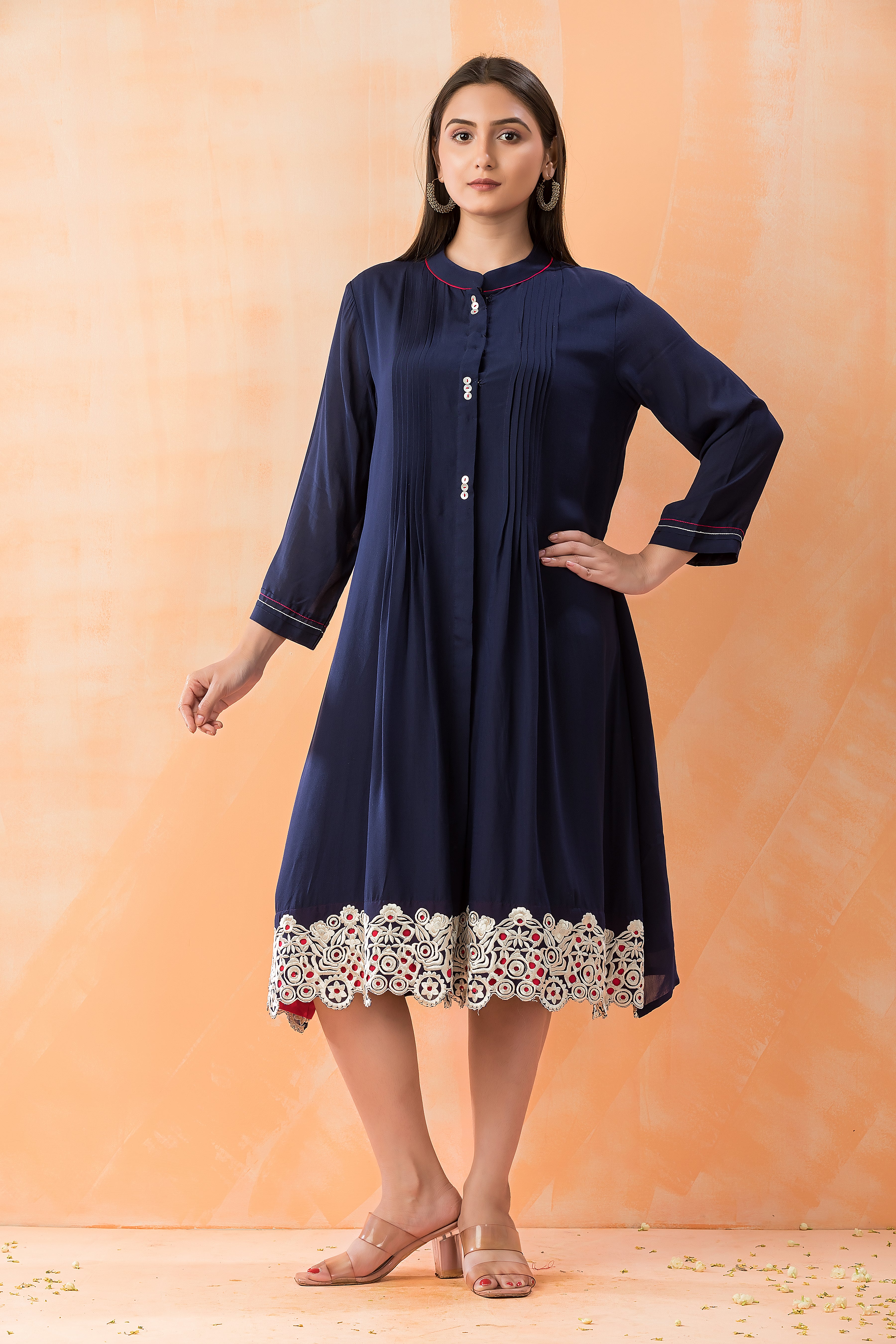 Navy Blue Cutwork Embroidered Muslin Silk Dress