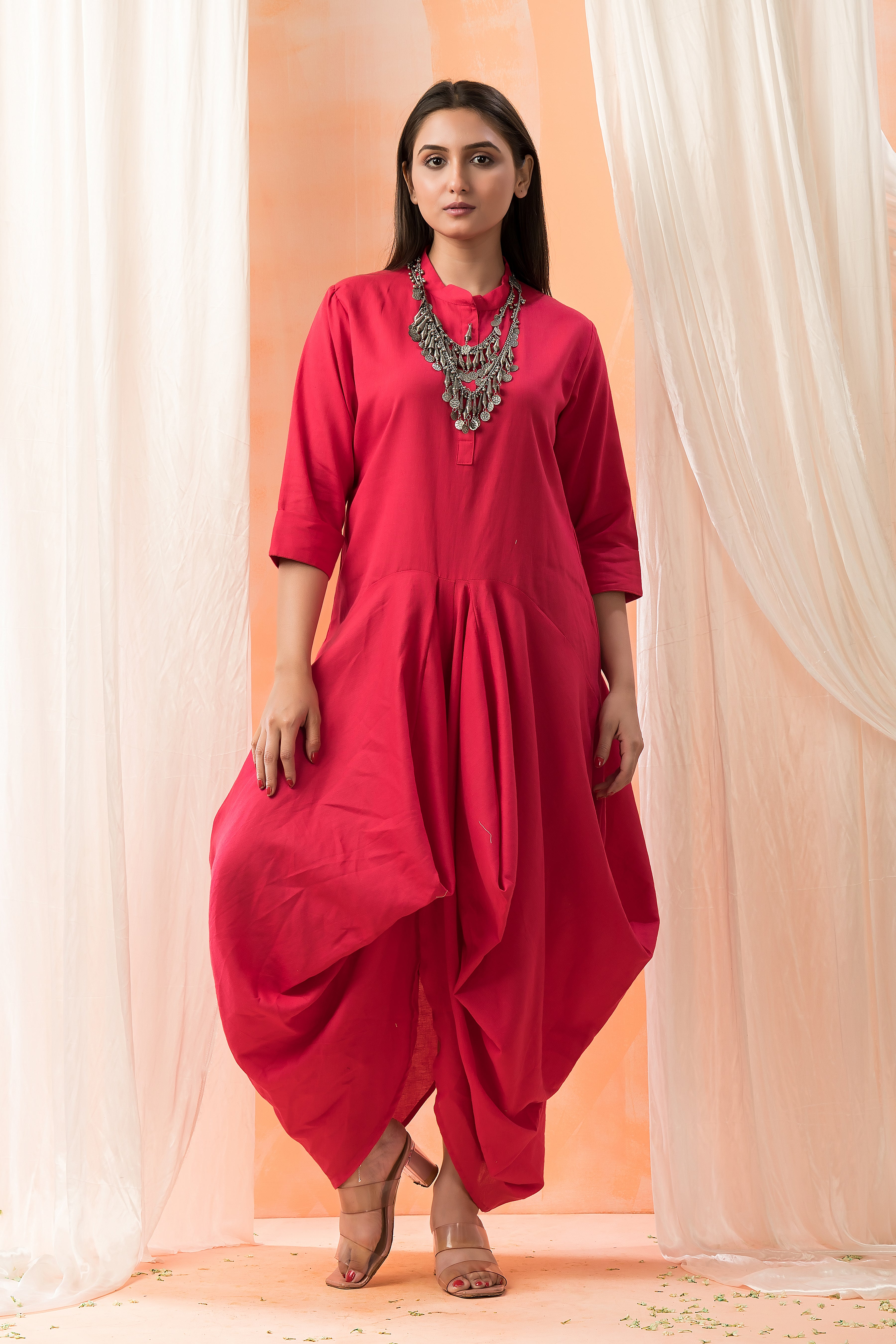 Solid Red Draped Cotton Dress