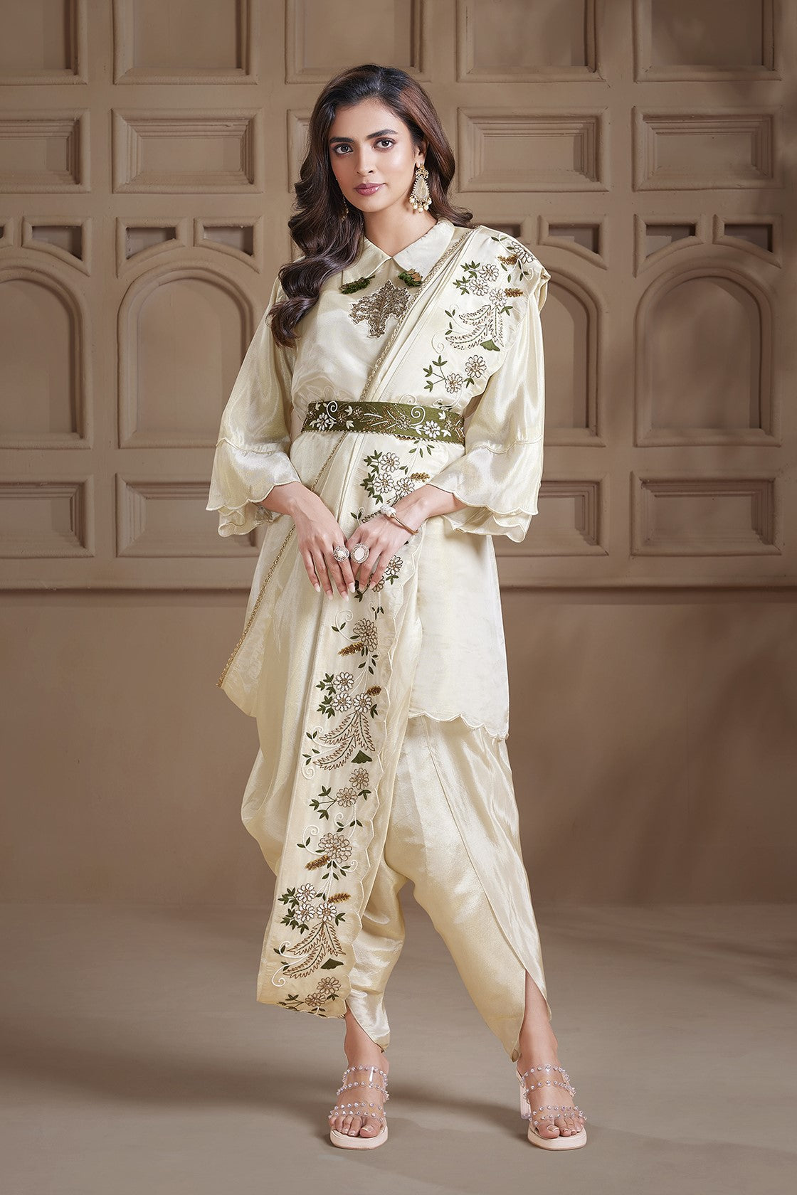 Pastel Cream Embroidered Draped Saree