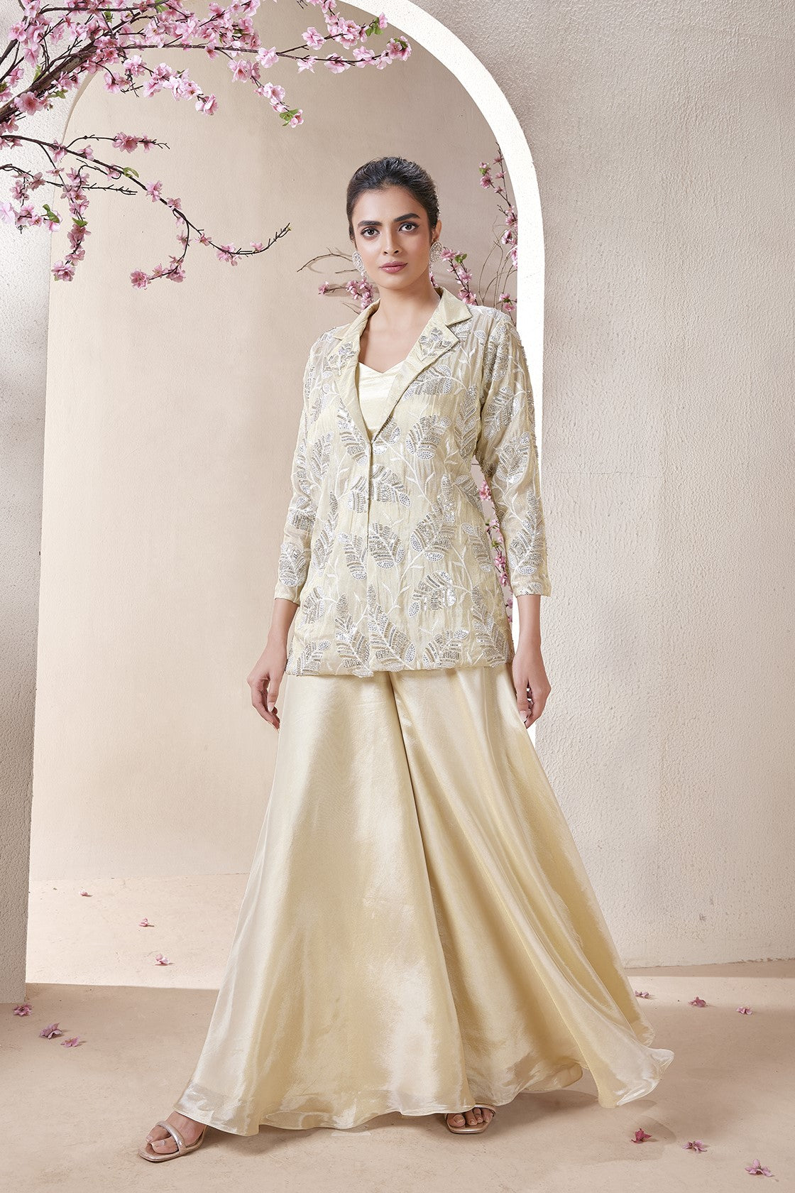 Bright Cream Embroidered Jacket & Palazzo Set