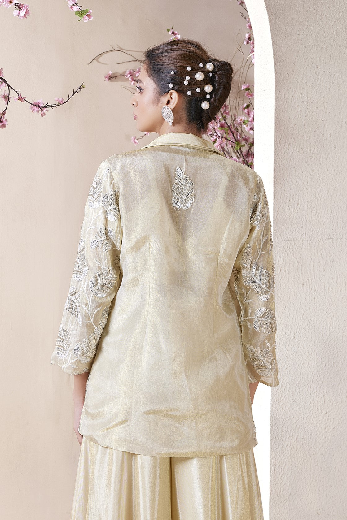 Bright Cream Embroidered Jacket & Palazzo Set