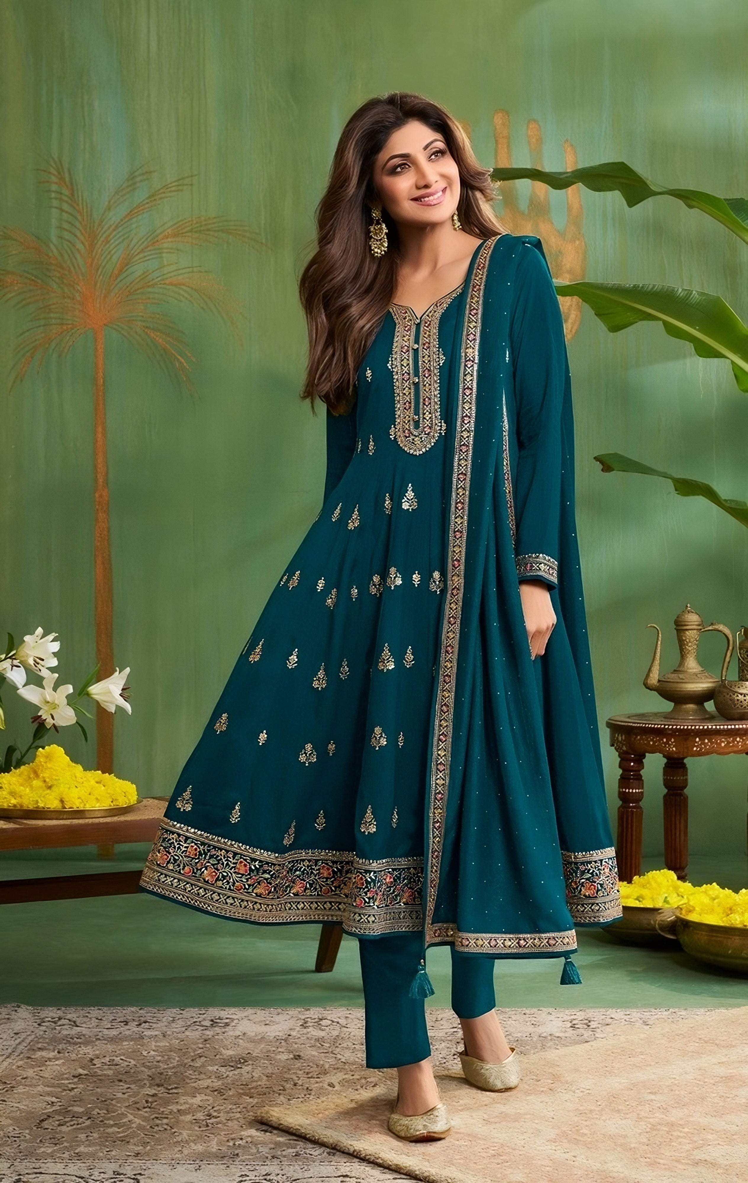 Teal Embellished Raw Silk Anarkali Set