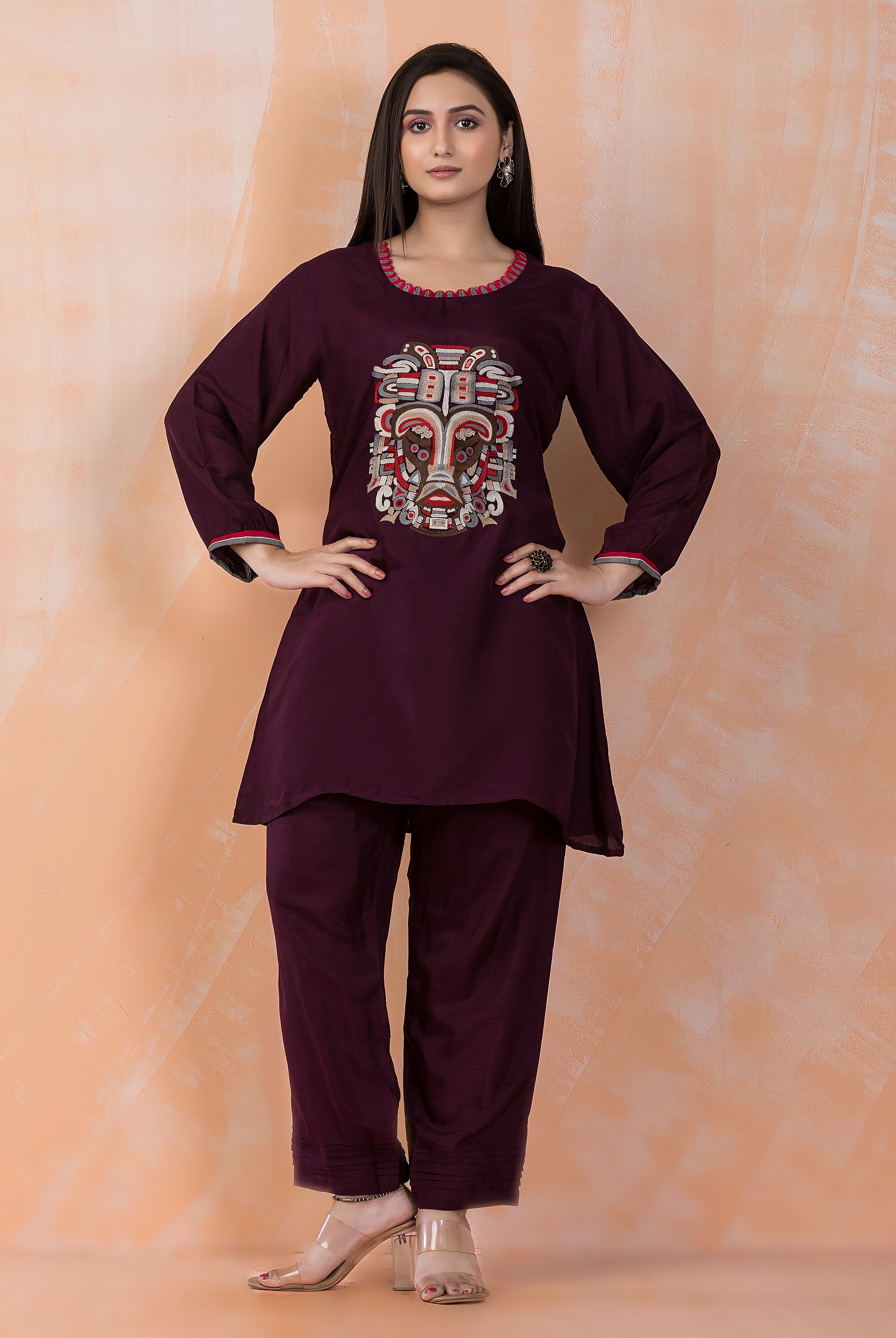 Deep Plum Embroidered Dola Silk Co-Ord Set