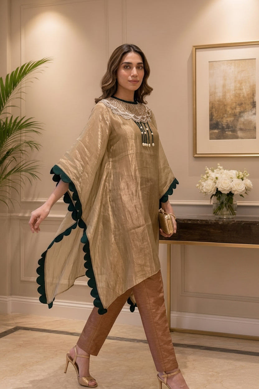 Jade Shine Embellished Shimmer Tissue Silk Kaftan Set