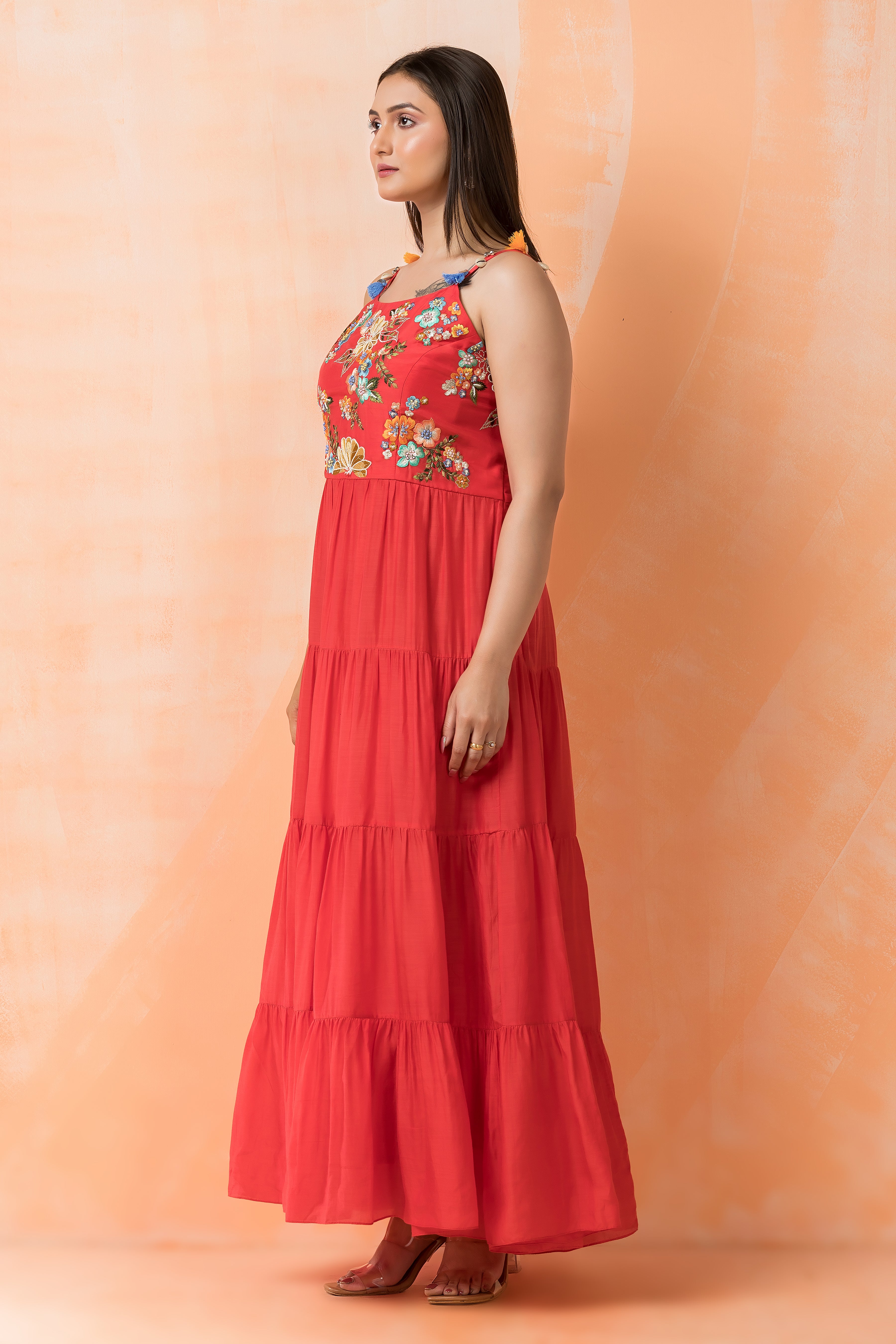Red Mul-Cotton Tiered Dress