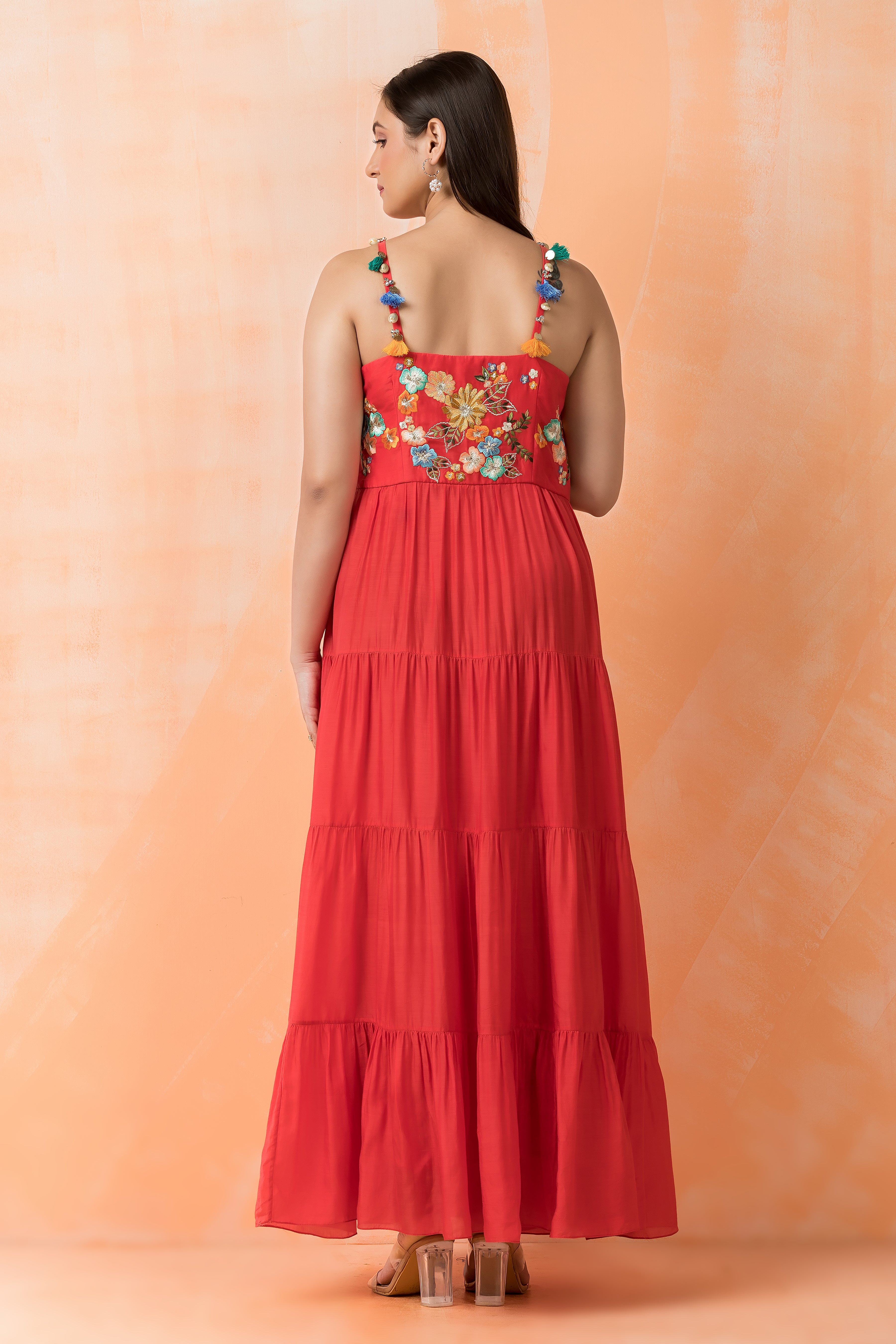 Red Mul-Cotton Tiered Dress