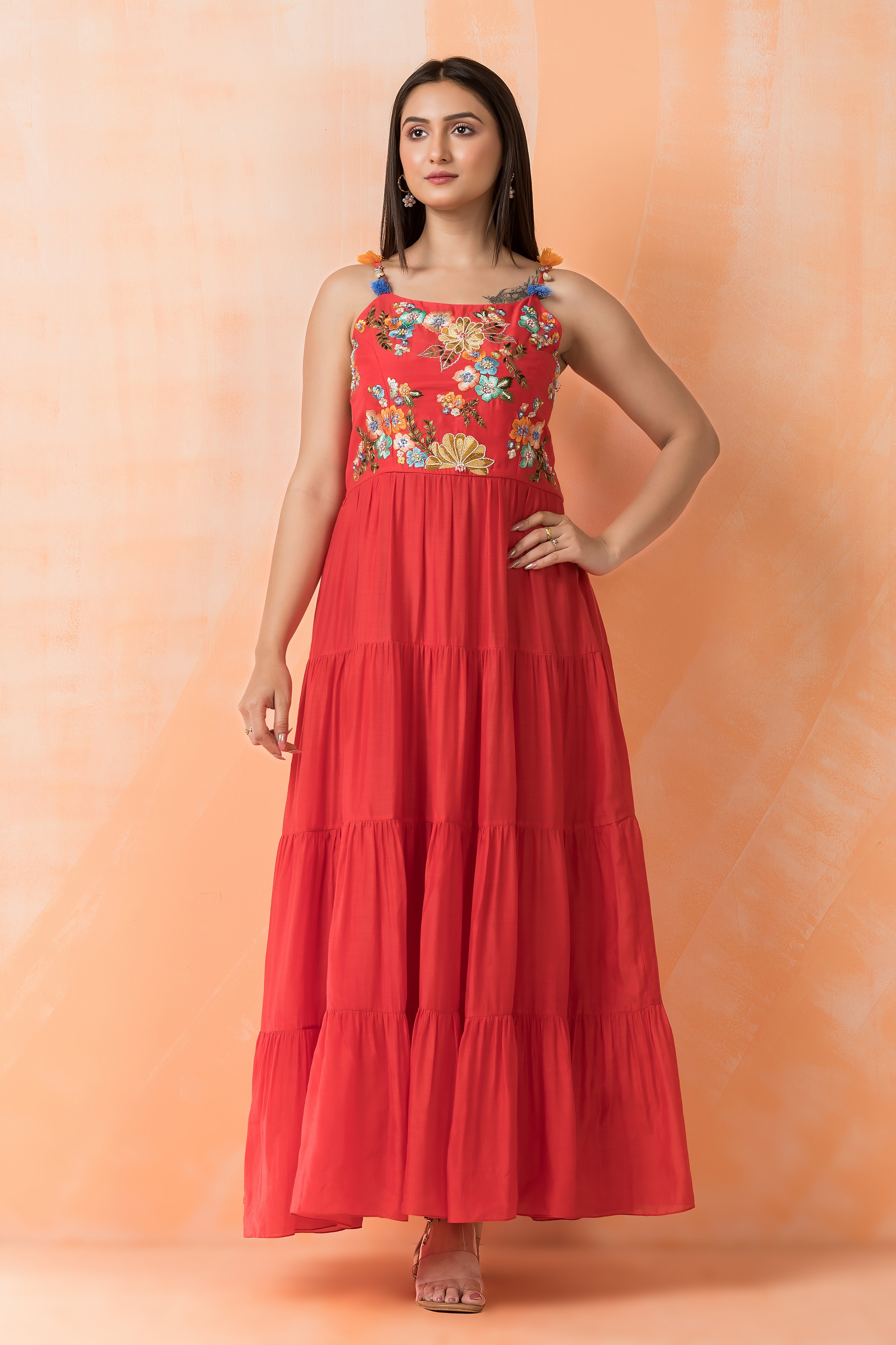Red Mul-Cotton Tiered Dress