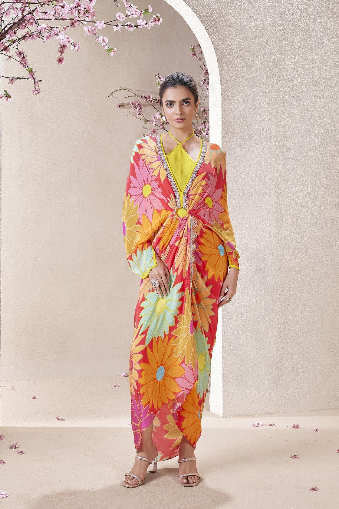 Multicolor Printed Crepe Silk Draped Kaftan Dress