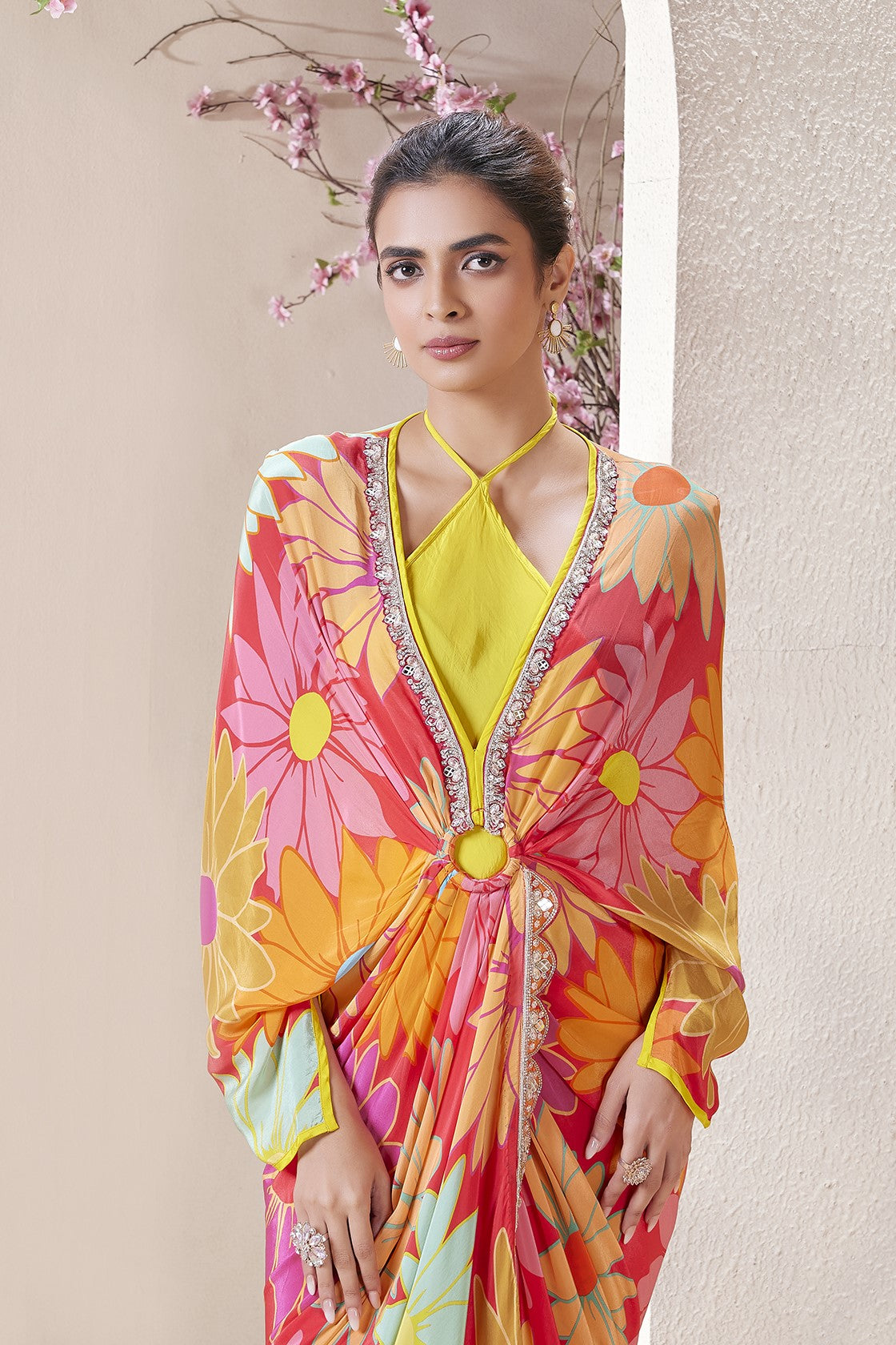 Multicolor Printed Crepe Silk Draped Kaftan Dress