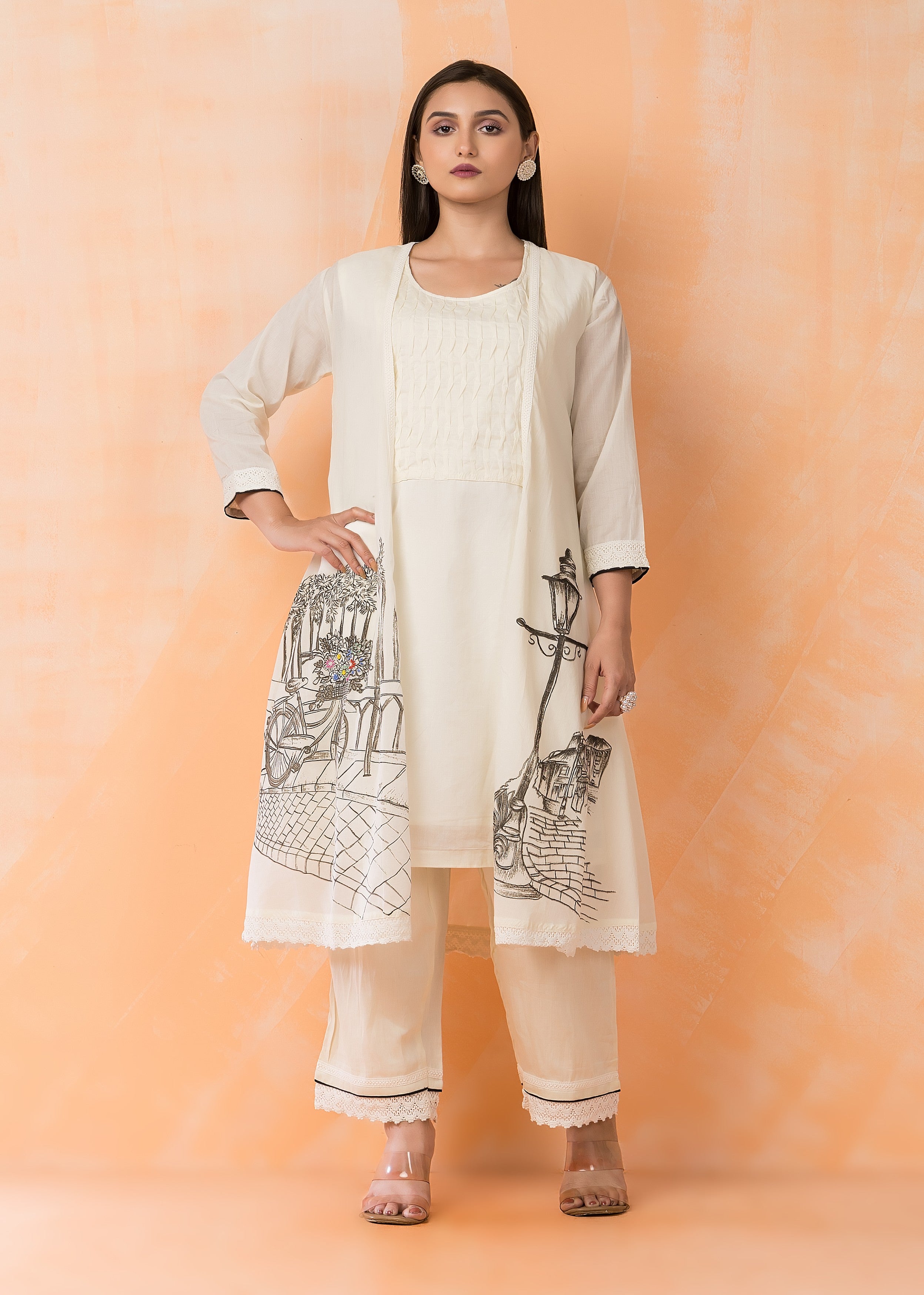 White Printed Mul Chanderi Pant Set