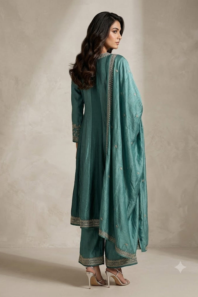 Ocean Blue Embellished Tissue Silk Anarkali Set