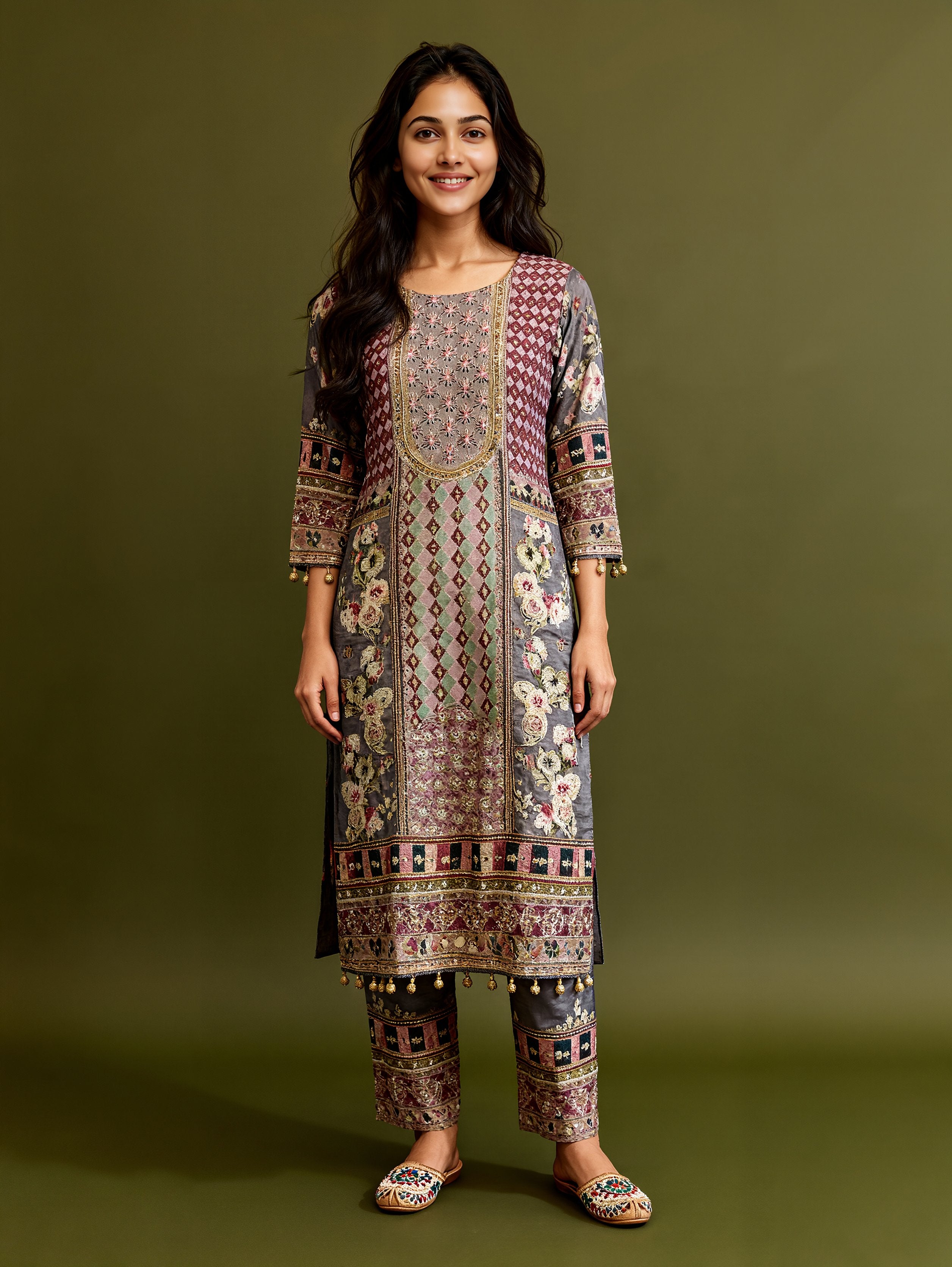 Grey & Rose Multicolor Printed Kurta Set with Mirror and Zari Embroidery