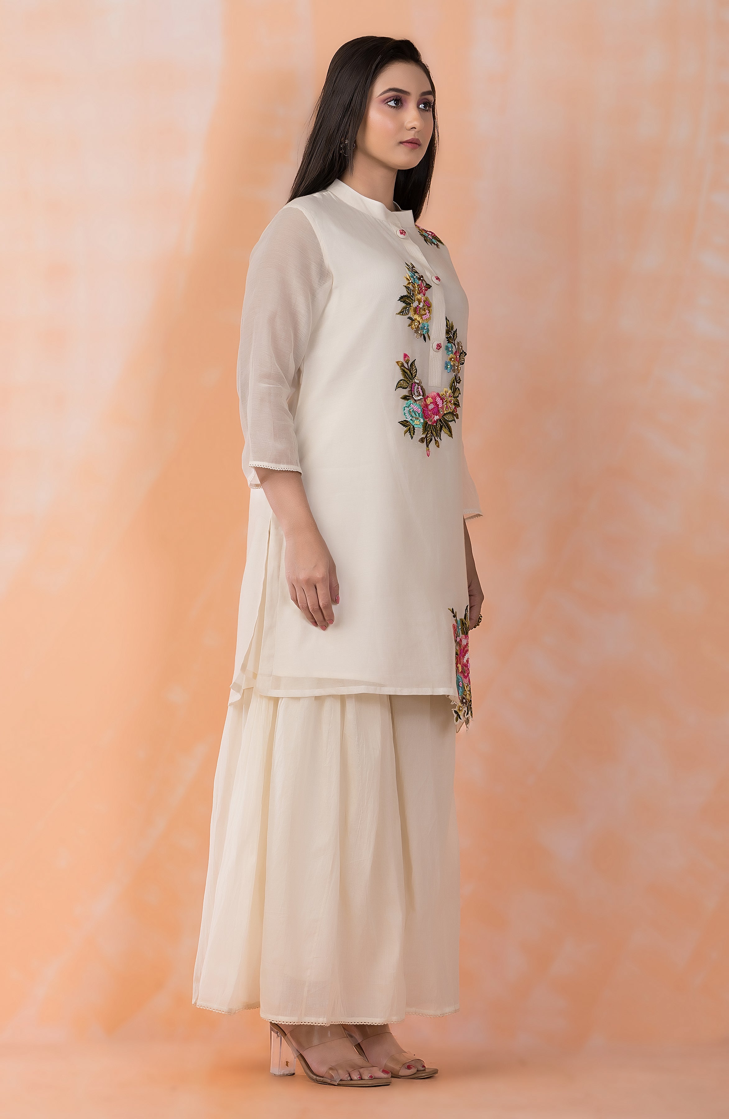 Ivory Flora Embroidered Mul Chanderi Silk Palazzo Set