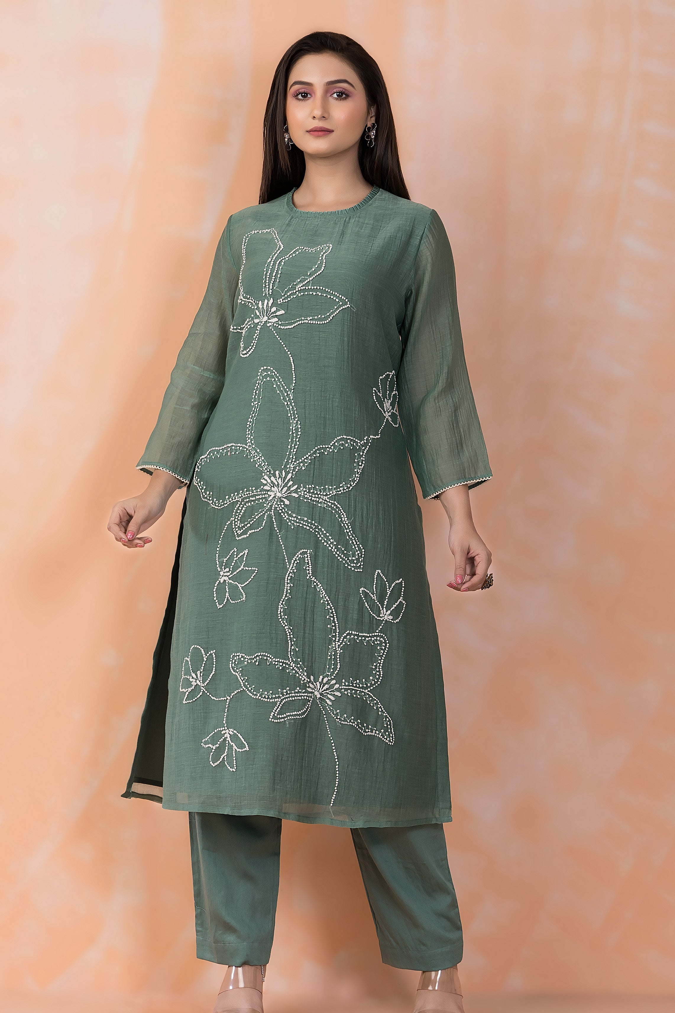 Sage Blossom Embroidered Chanderi Silk Kurta Set