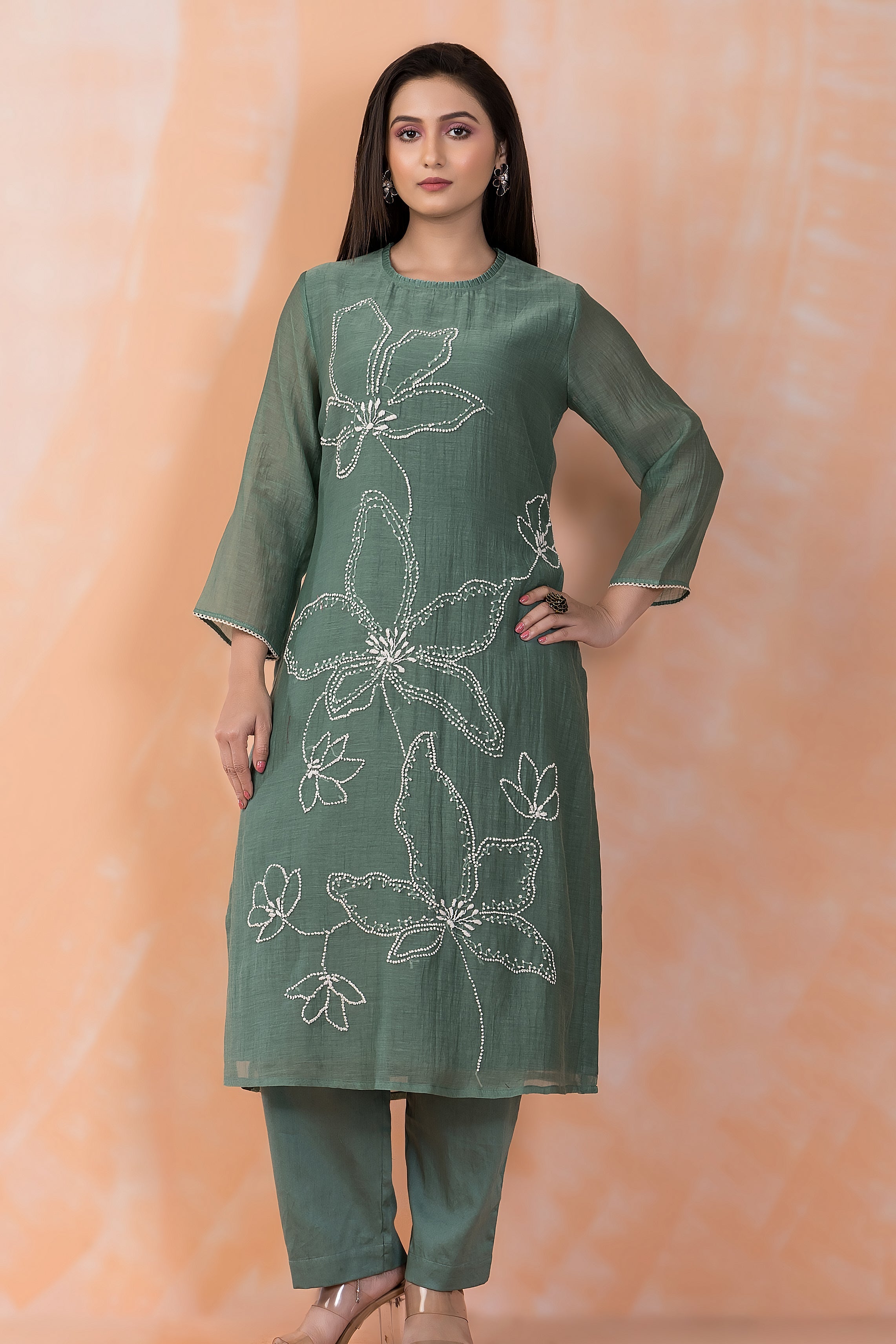 Sage Blossom Embroidered Chanderi Silk Kurta Set
