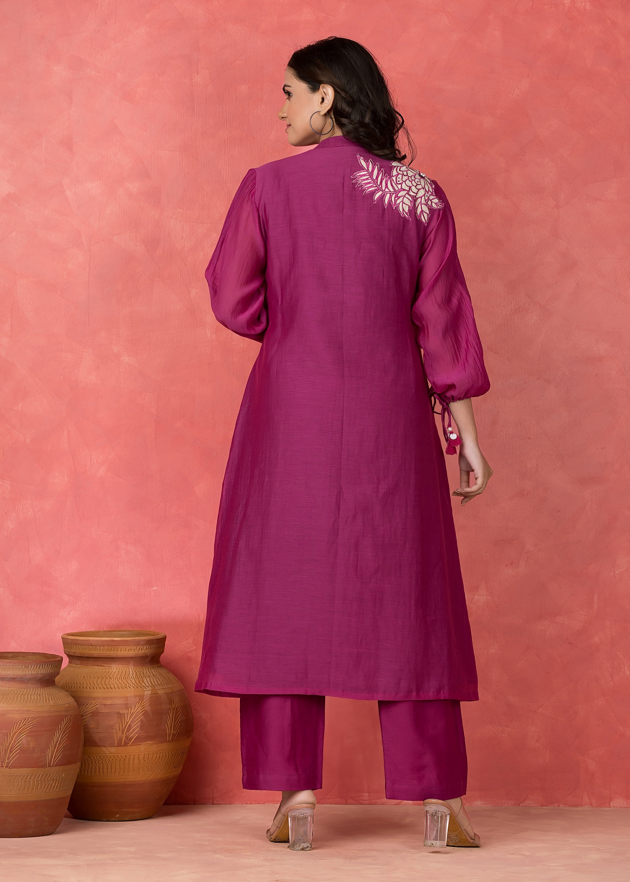 Rouge Pink Embroidered Mul Chanderi Kurta Set