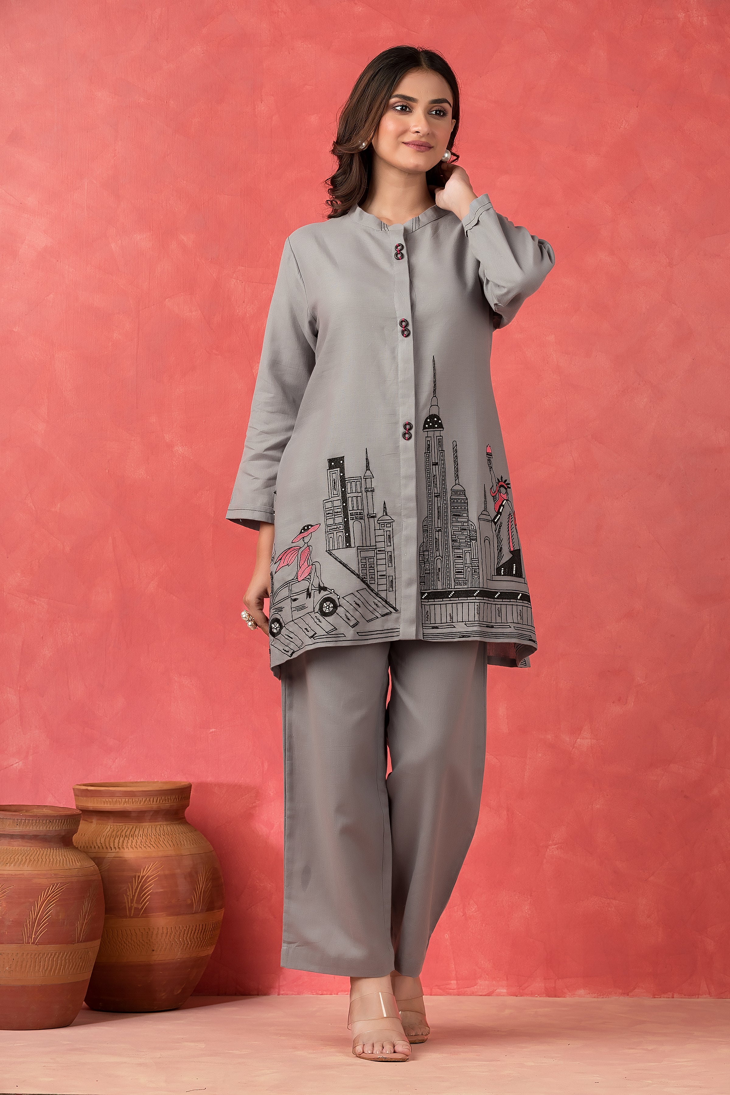 Ash Grey Printed Cotton Co-Ord Set