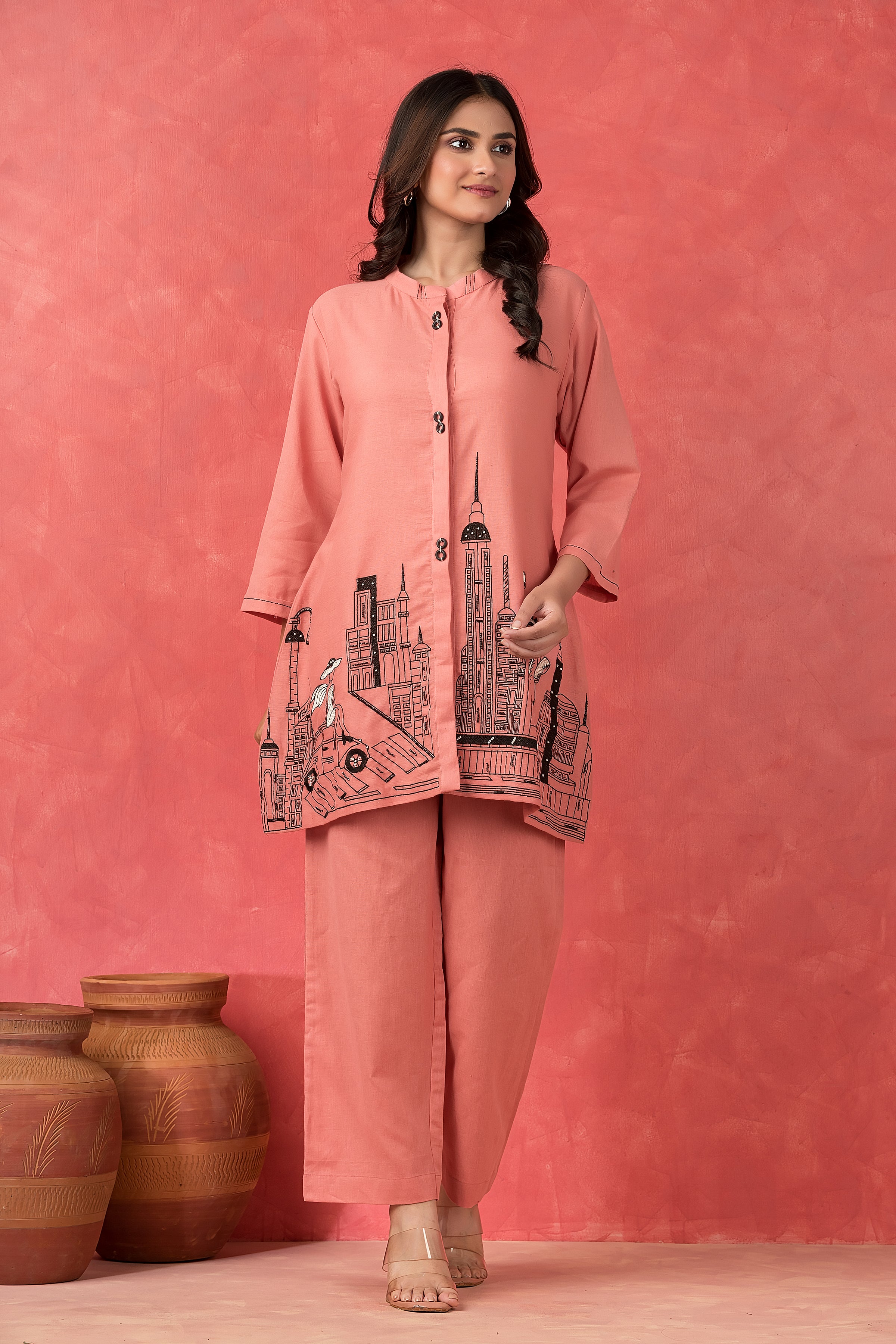 Peach Pink Printed Cotton Co-Ord Set