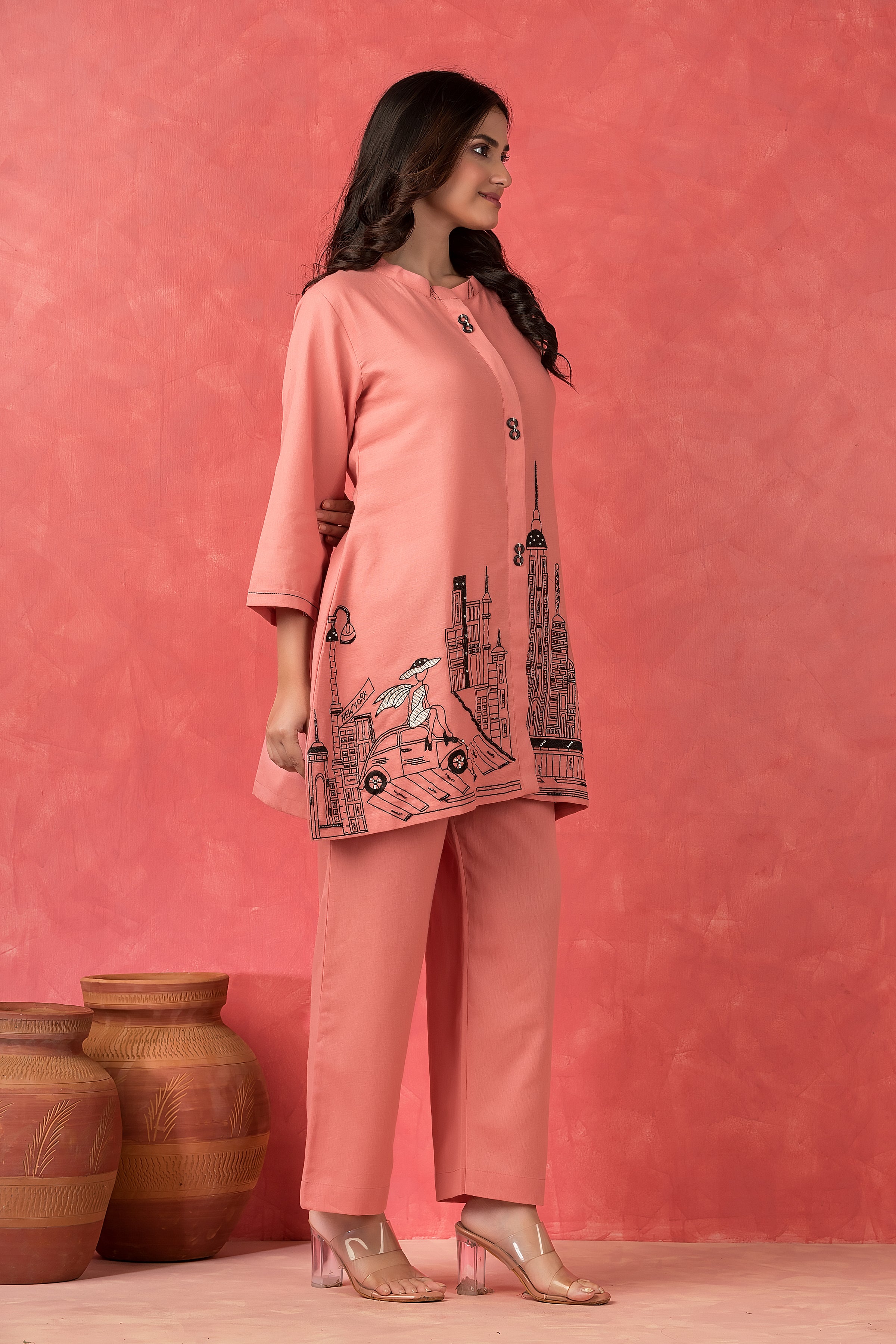 Peach Pink Printed Cotton Co-Ord Set