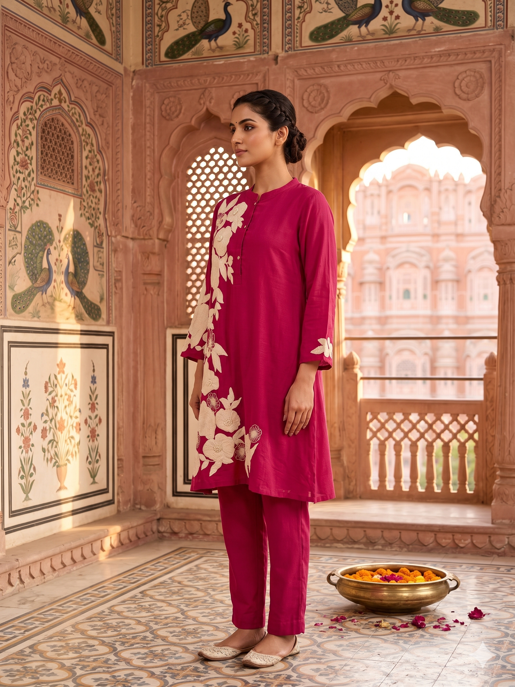 Fuchsia Floral Embroidered Mul-Cotton Kurta Set