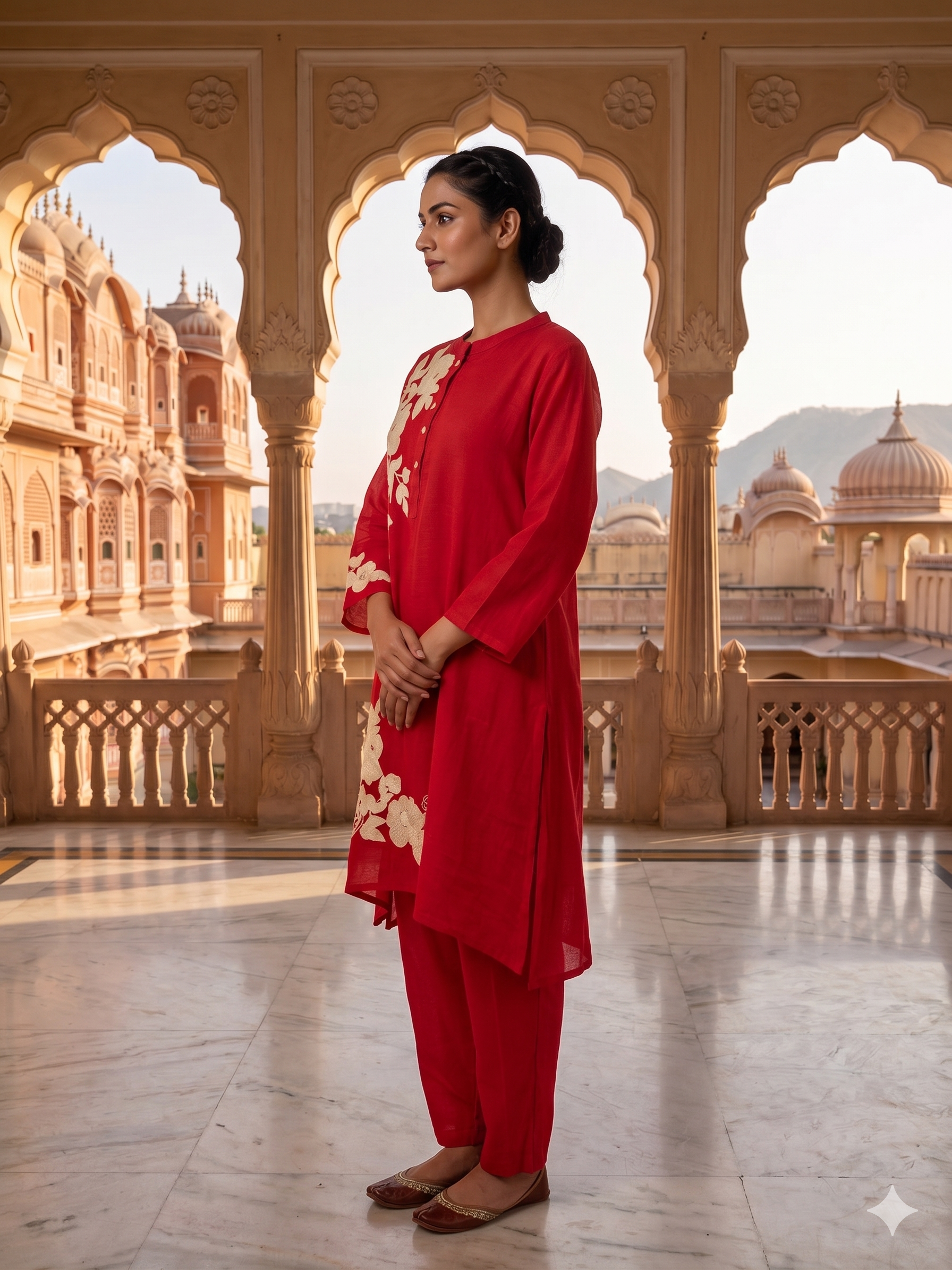 Crimson Floral Embroidered Mul-Cotton Kurta Set