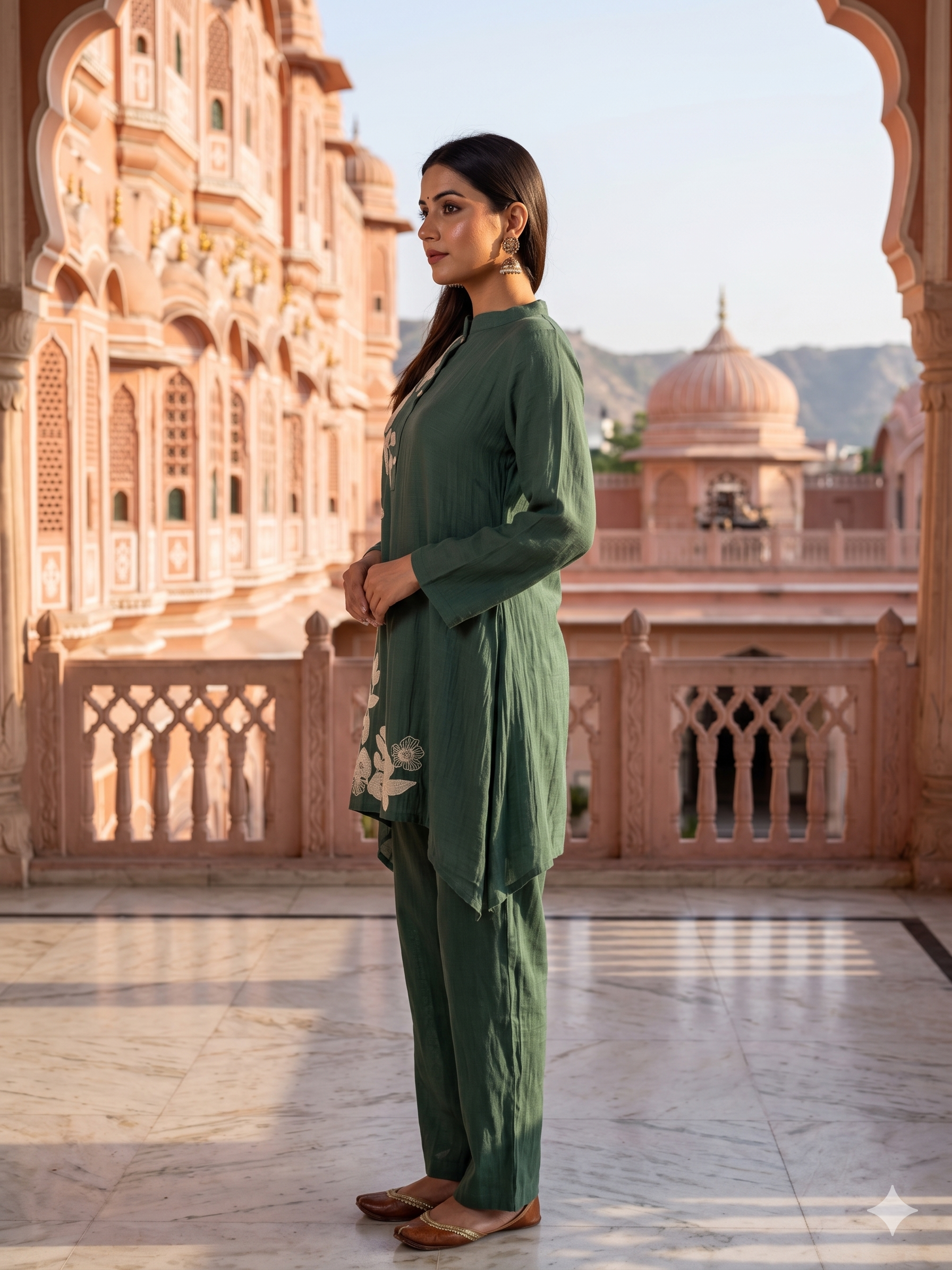 Emerald Floral Embroidered Mul-Cotton Kurta Set