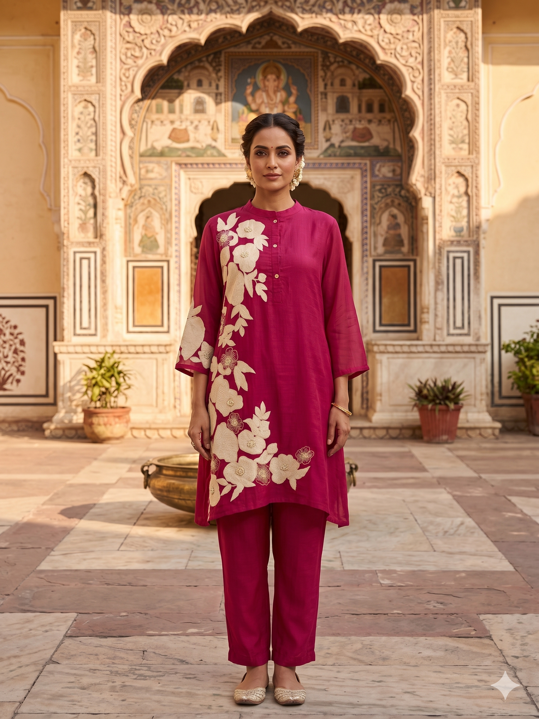 Fuchsia Floral Embroidered Mul-Cotton Kurta Set