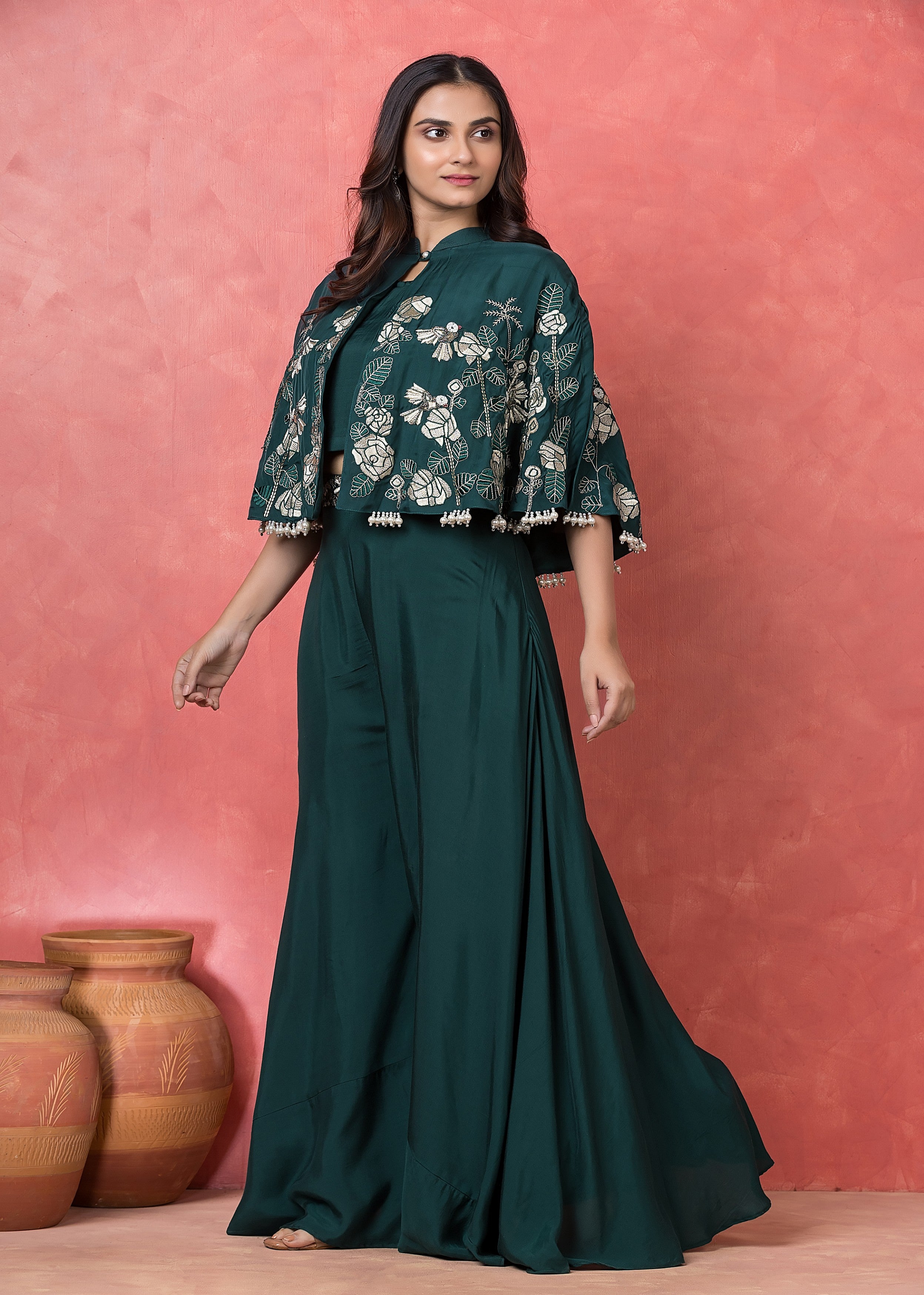 Emerald Green Embroidered Muslin Silk Cape Set