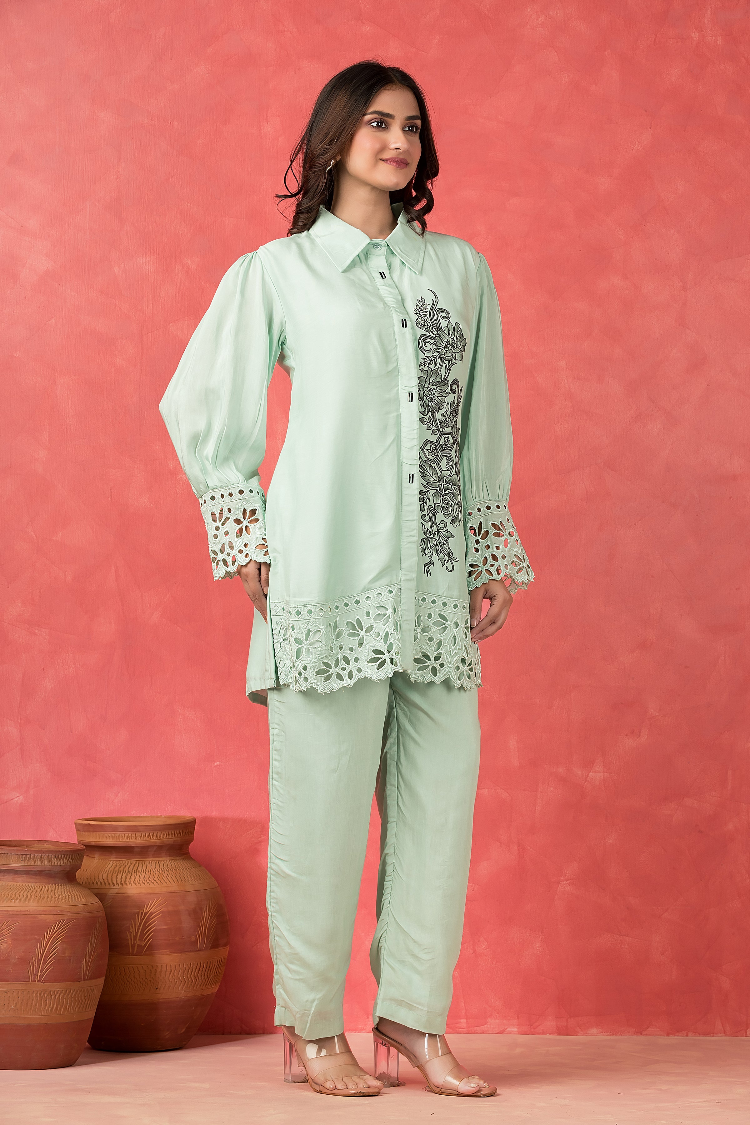 Mint Cutwork Muslin Silk Co-Ord Set
