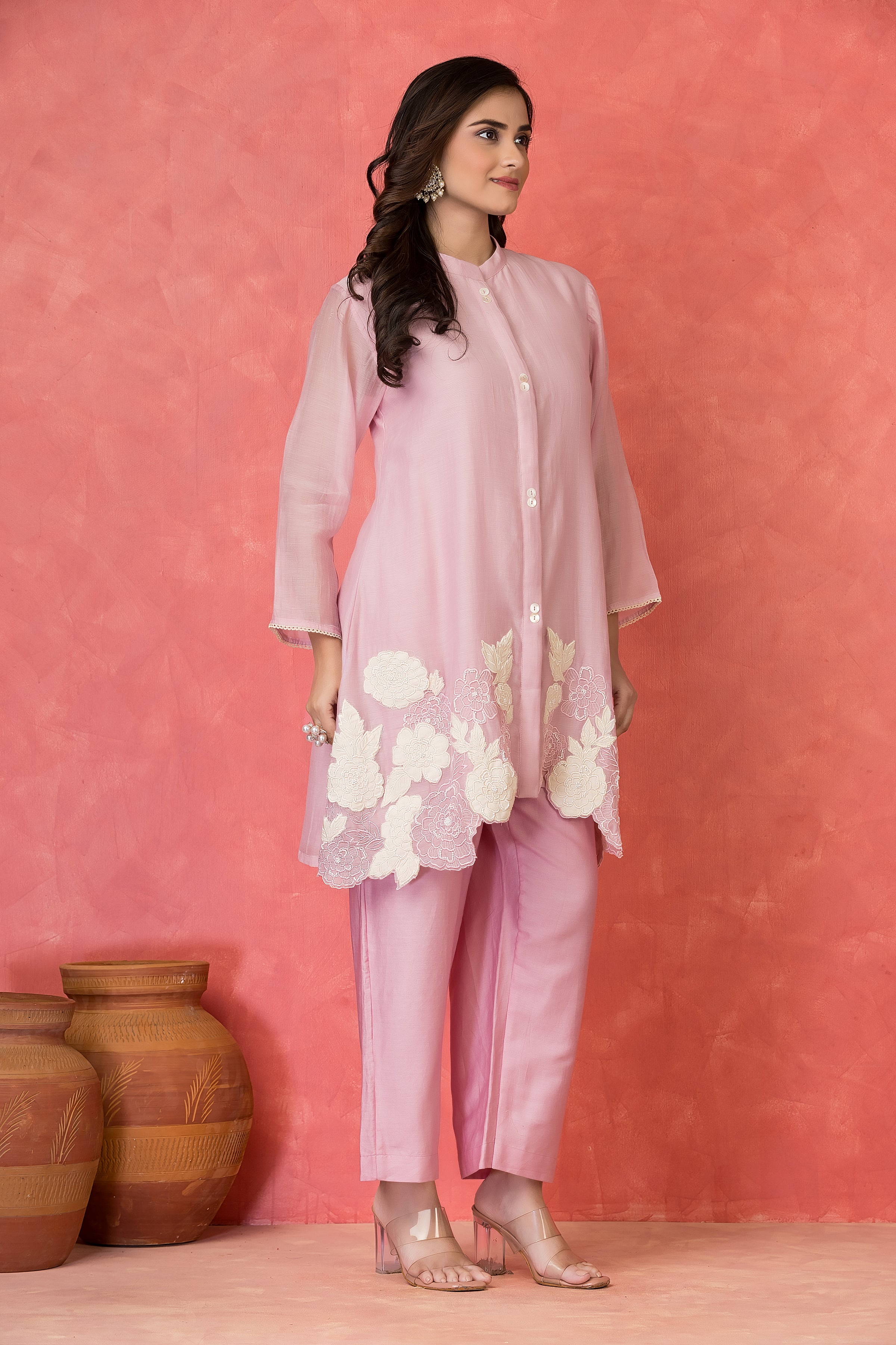 Pastel Pink Embroidered Mul-Chanderi Co-Ord Set