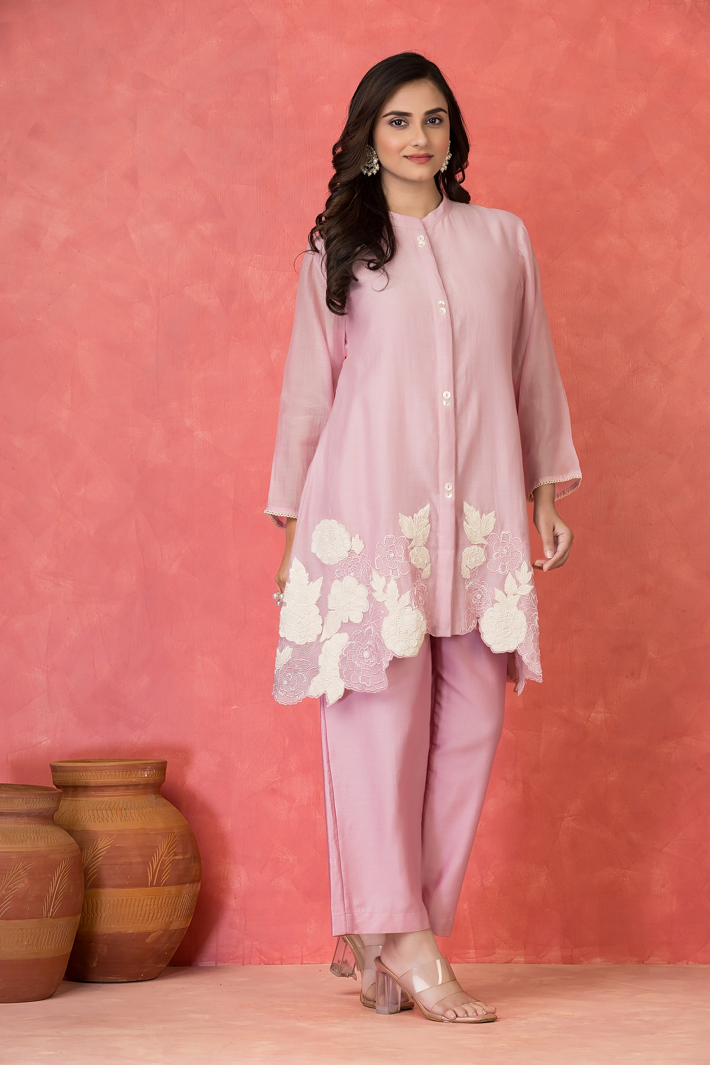 Pastel Pink Embroidered Mul-Chanderi Co-Ord Set