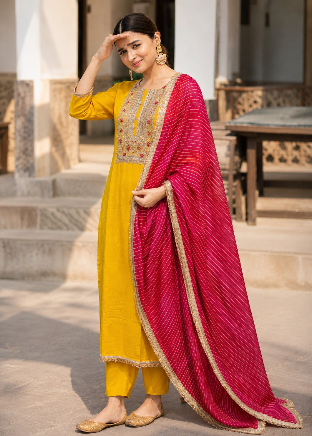 Yellow Amber Embellished Chinon Silk Pant Set