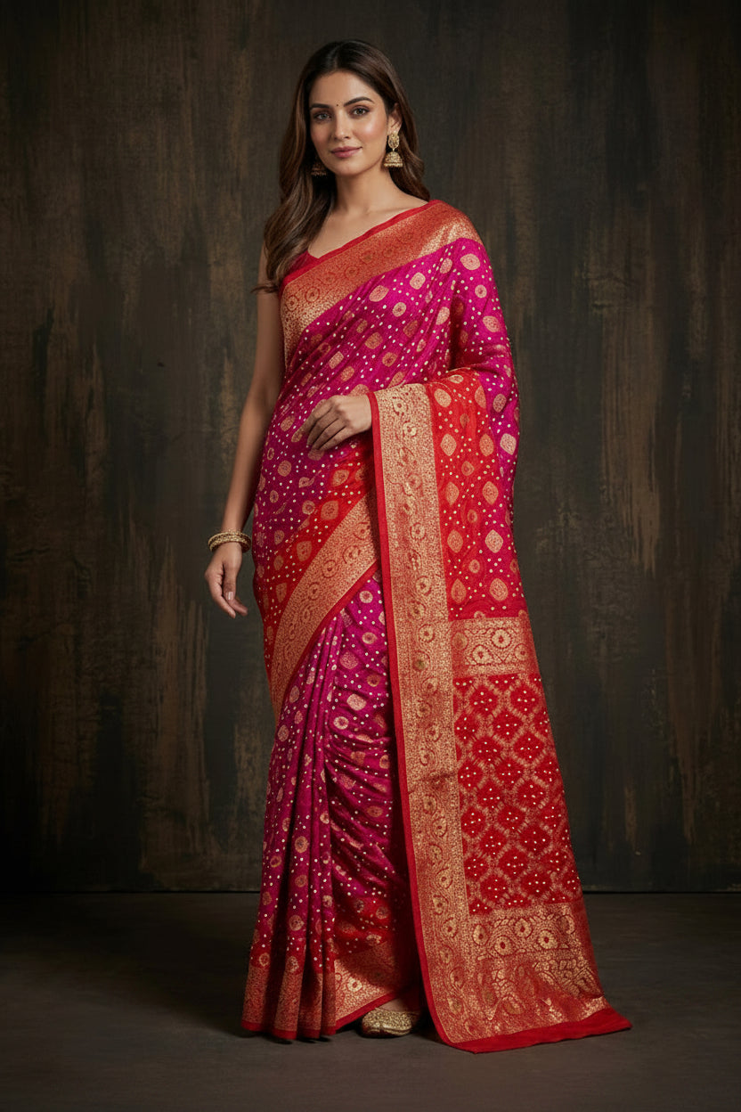 Vibrant Red Bandhej Printed Premium Silk Saree