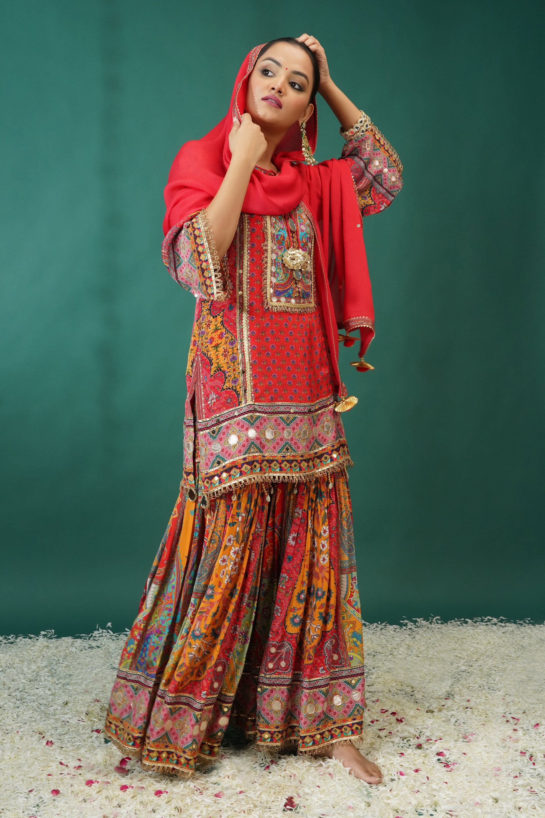 Festive Orange Ethnic Printed Crepe Silk Sharara Set