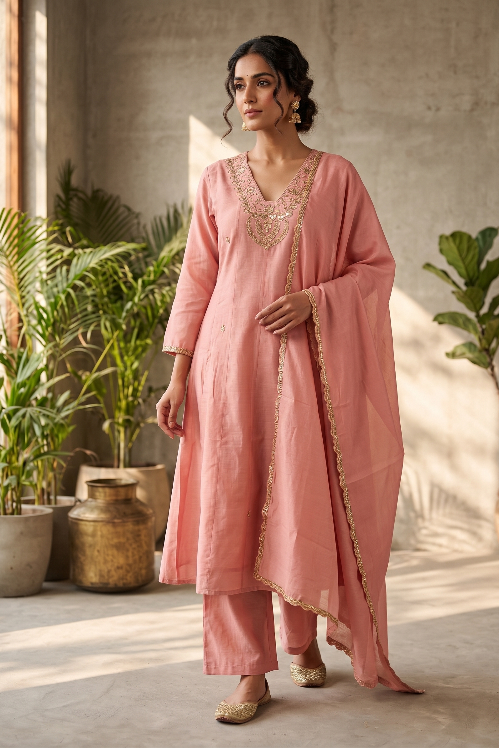Dusty Pink Mul Chanderi Silk Suit Set