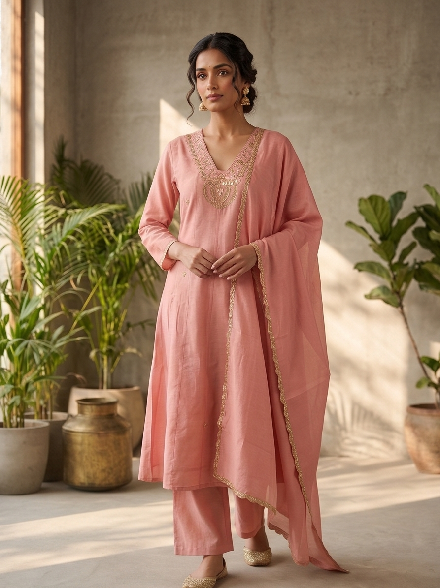 Dusty Pink Mul Chanderi Silk Suit Set