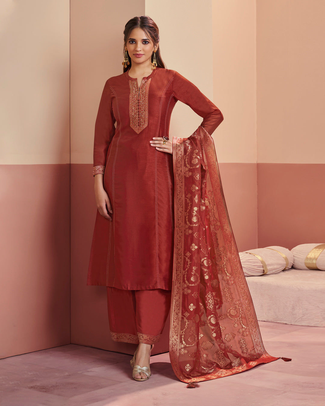 Crimson Royale Embellished Vichitra Silk Pant Set