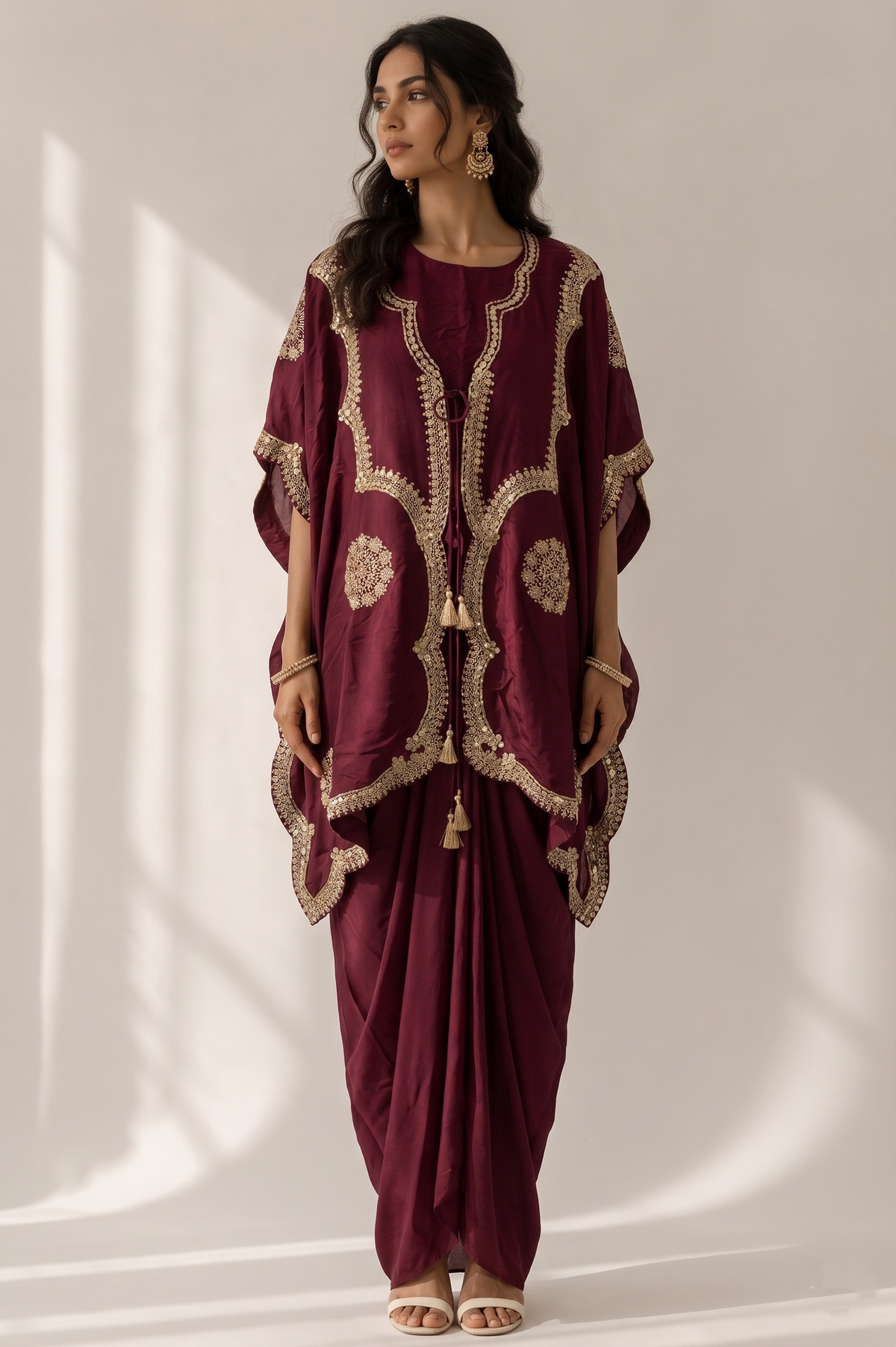 Rich Wine Embellished Raw Silk Skirt Set