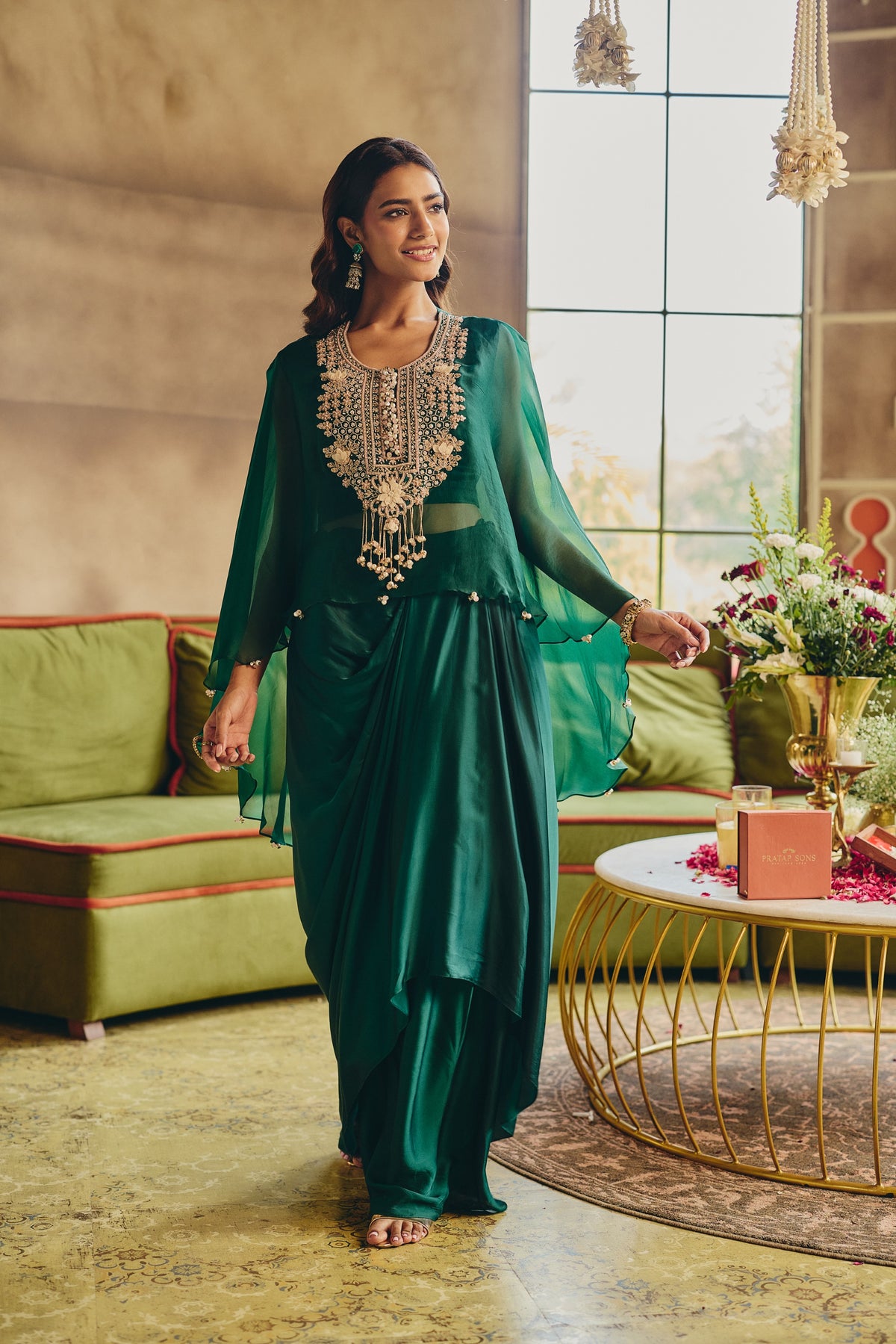Forest Green Emebellished Satin Silk Skirt Set