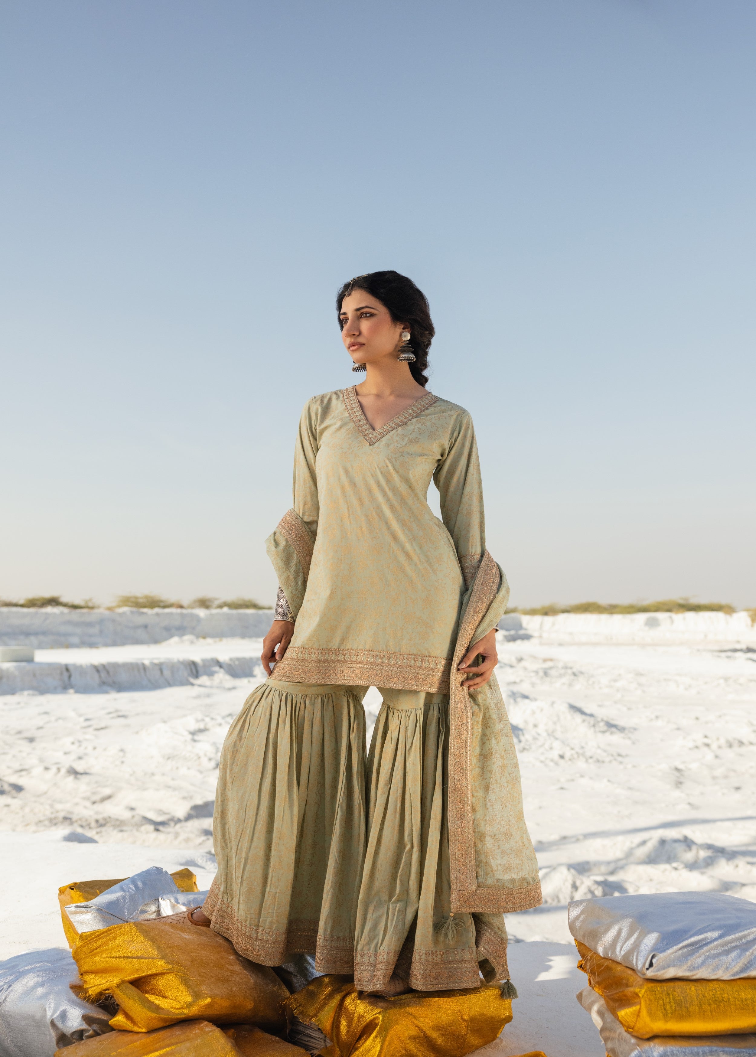 Light Green Printed Organic Cotton Sharara Set
