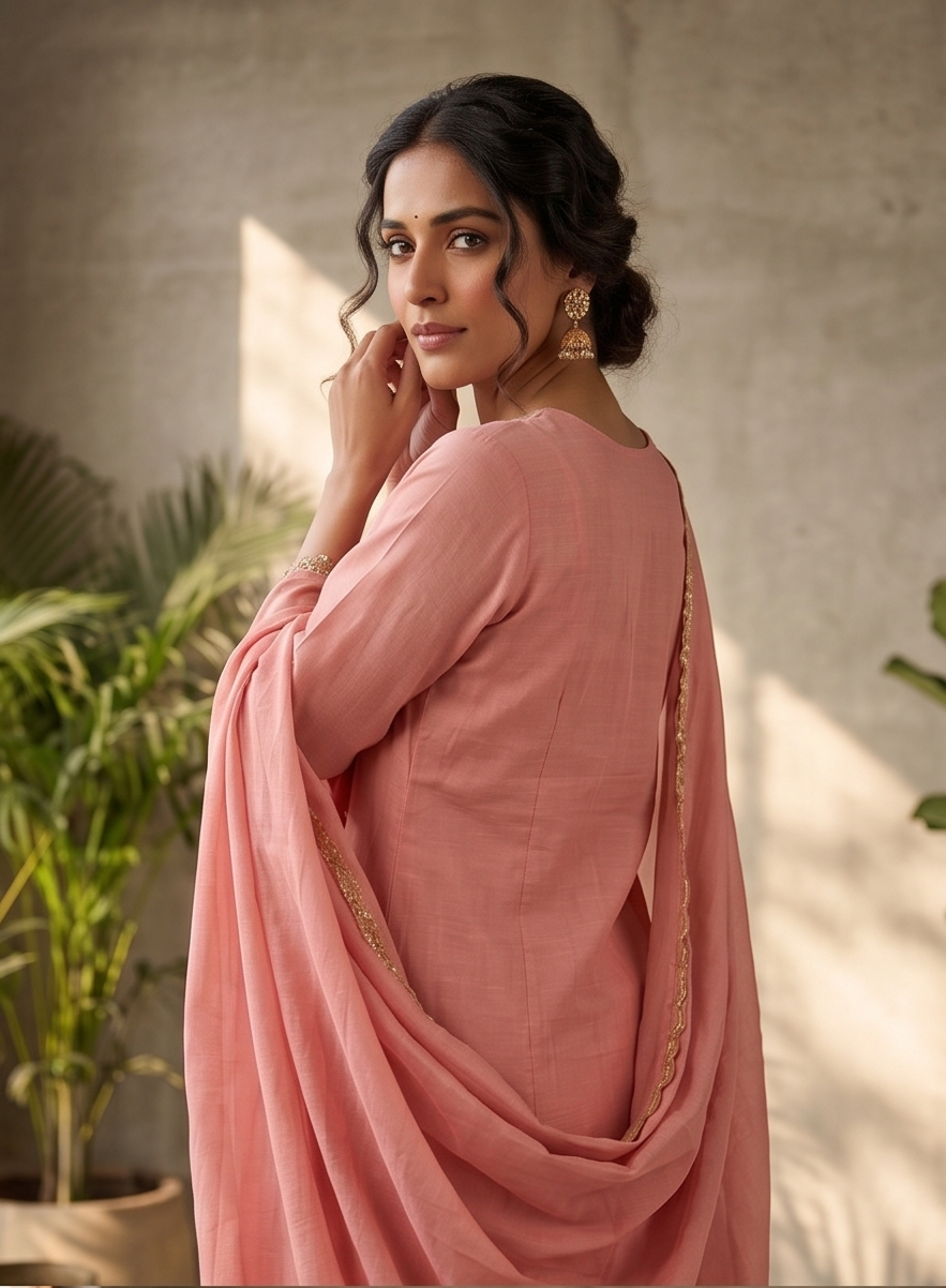 Dusty Pink Mul Chanderi Silk Suit Set