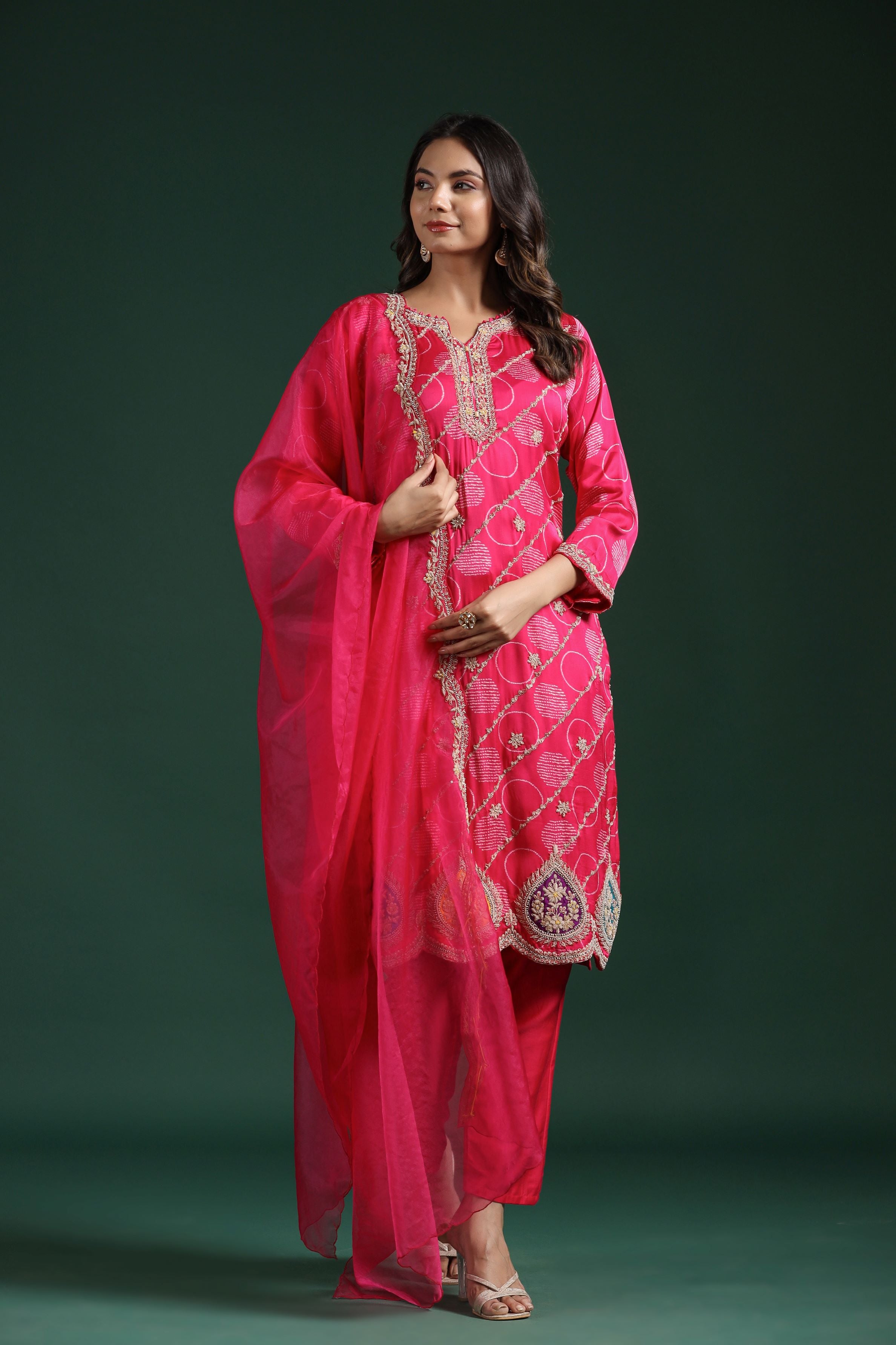 Pink Embellished Habutai Silk Pants Set