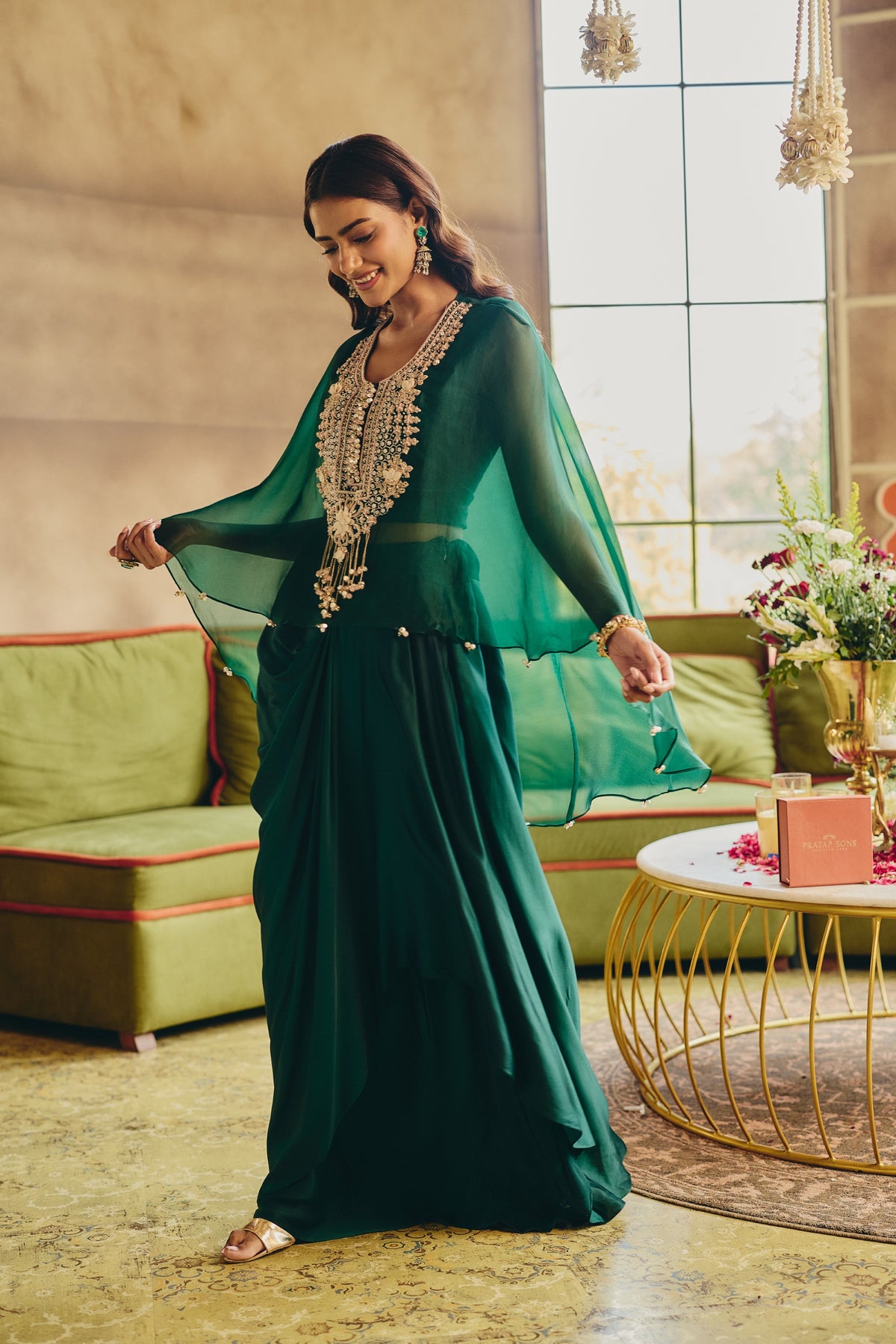 Forest Green Emebellished Satin Silk Skirt Set